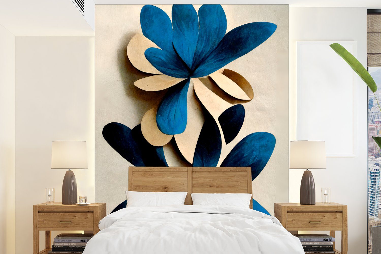 MuchoWow Fototapete Blätter - Pflanzen - Blau - Lilie, Matt, bedruckt, (4 St), Montagefertig Vinyl Tapete für Wohnzimmer, Wandtapete | Fototapeten