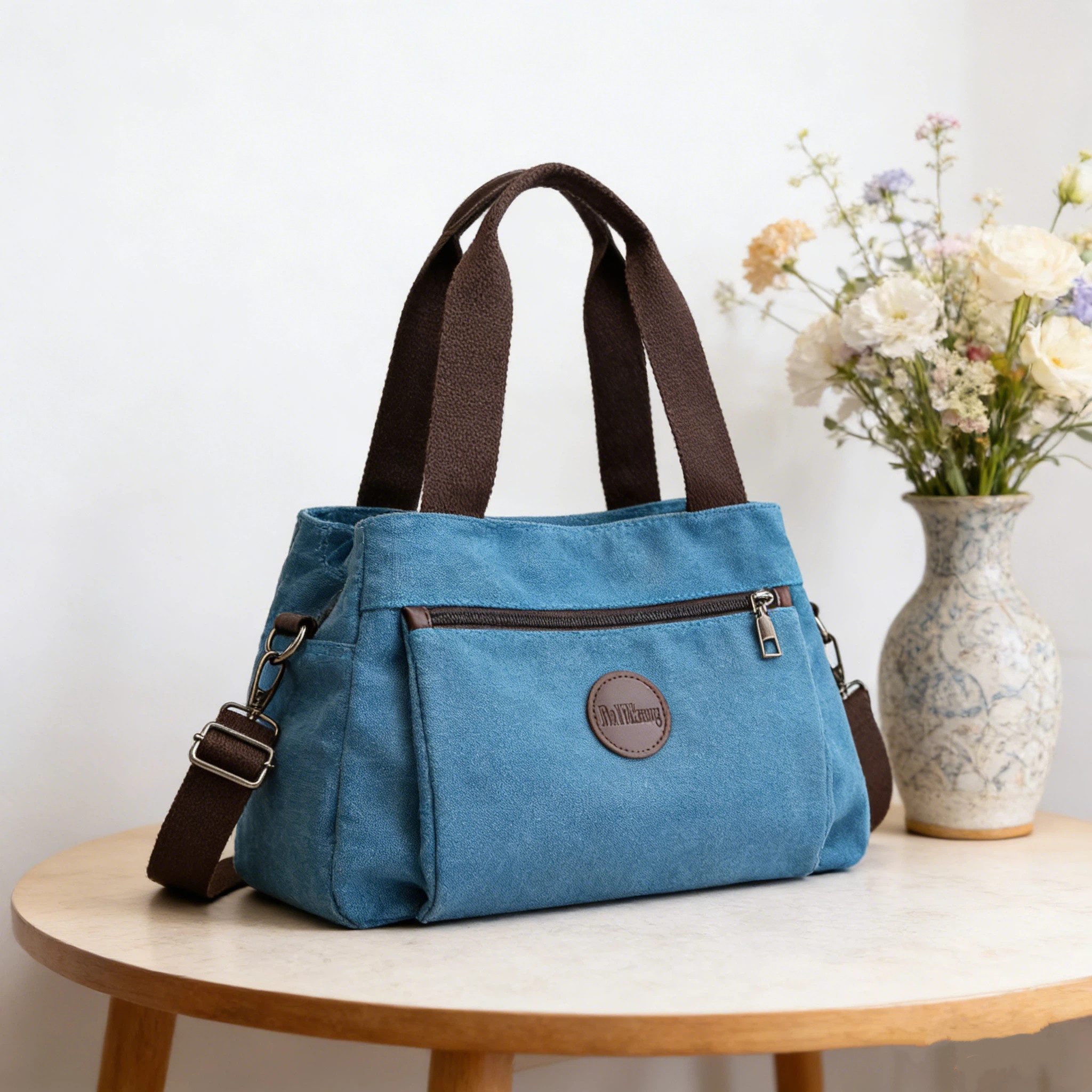 OKWISH Henkeltasche Damen Handtasche Canvas Umhängetasche Tragetasche (Schultertasche Arbeitstasche Messenger-Tasche, 32 x 12 x 22 cm, mit Henkel und verstellbarem Gurt), für Büro Arbeit Schule Reisen Freizeit Shopping usw.