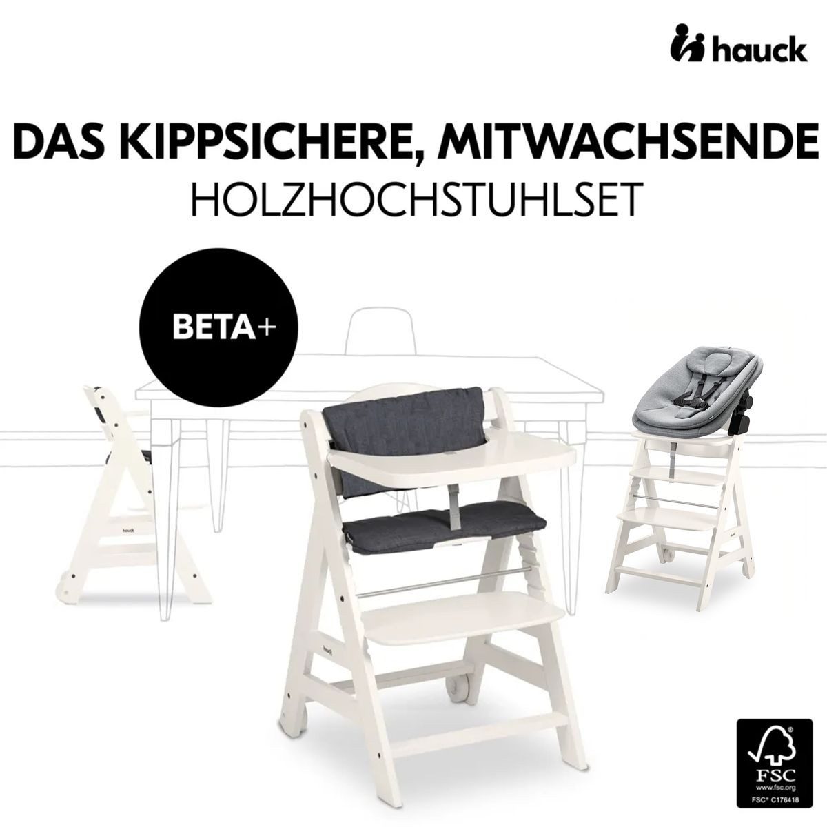 Hauck Hochstuhl Beta Plus White Newbornset 3in1 Bouncer (Set), Holz Babystuhl ab Geburt mit Neugeborenensufsatz, Sitzkissen, Essbrett