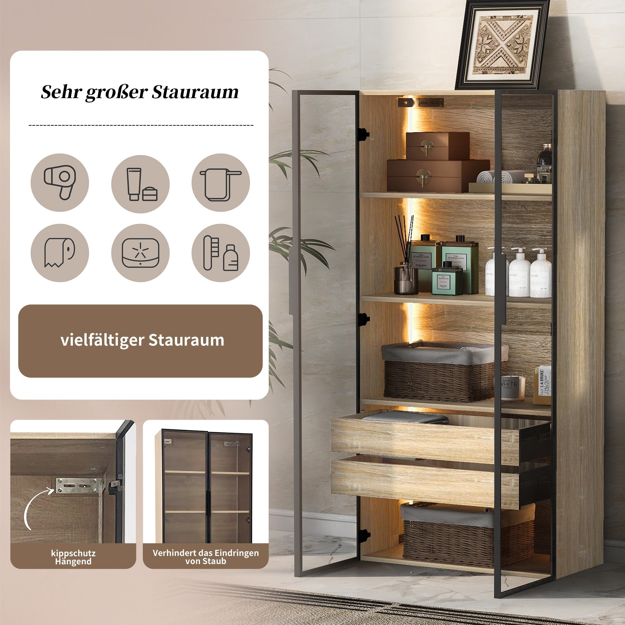 Merax Vitrine mit Glastüren (1-St) Badezimmerschrank mit LED,Mehrzweckschra günstig online kaufen