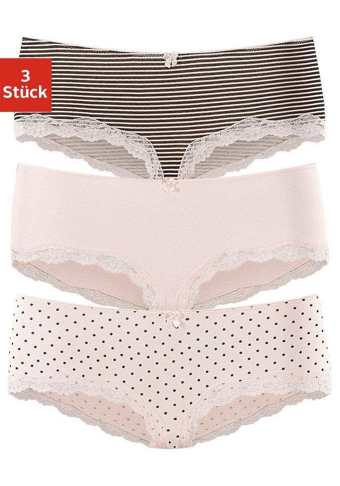 LASCANA Panty (3er-Pack) aus elastischer Baumwolle mit zarter Spitze