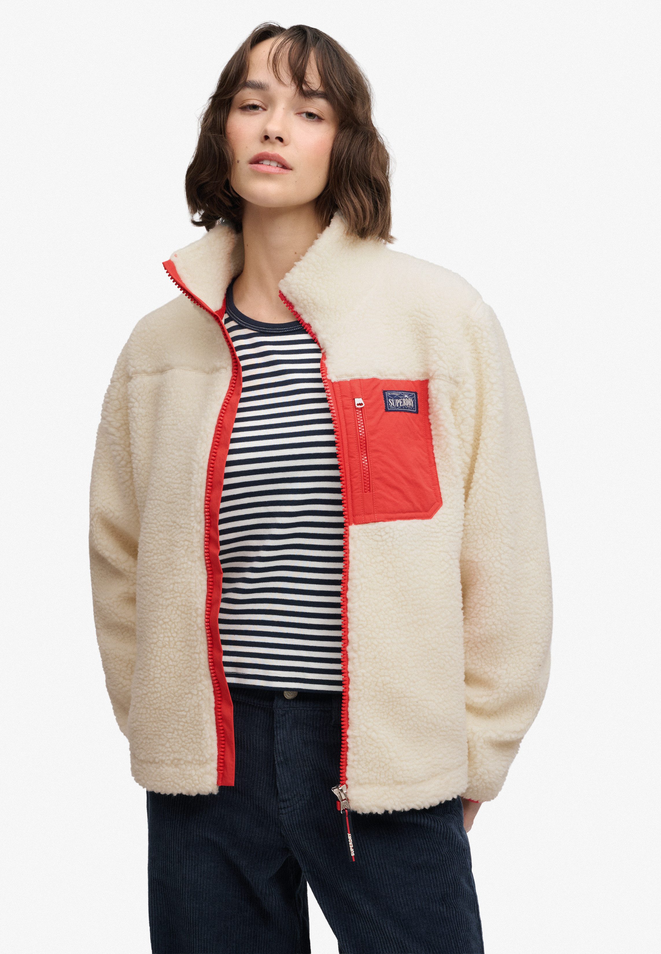 Superdry Kapuzensweatjacke HERITAGE ZIP THROUGH FLEECE Kunstfaser, relaxed fit