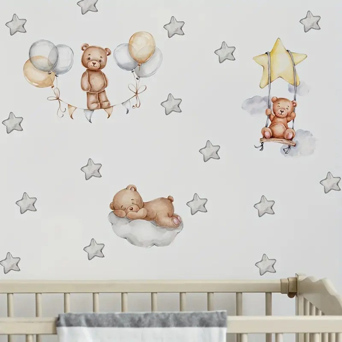 Montegoni Wandsticker 3 Baby Bären mit Sternenballons, Wandsticker für Kinderzimmer (Wandtattoo mit 3 Bären, Sternen und Luftballons für Kinderzimmer, Kreativer Wandaufkleber 3 Baby-Bären mit Sternenballons), wasserdichte, abnehmbare
