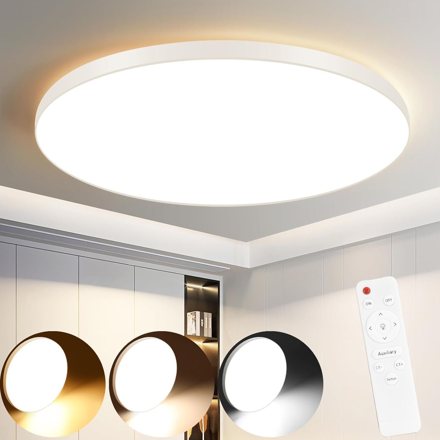 Nettlife LED Panel Schwarz 30W Deckenlampe IP44 Wasserdicht Flach Rund ‎28 x 28 x 2,5 cm, Dimmbar mit Fernbedienung, LED fest integriert, Warmweiß, Neutralweiß, Kaltweiß, für Badzimmer Wohnzimmer Küche Schlafzimmer Flur Büro
