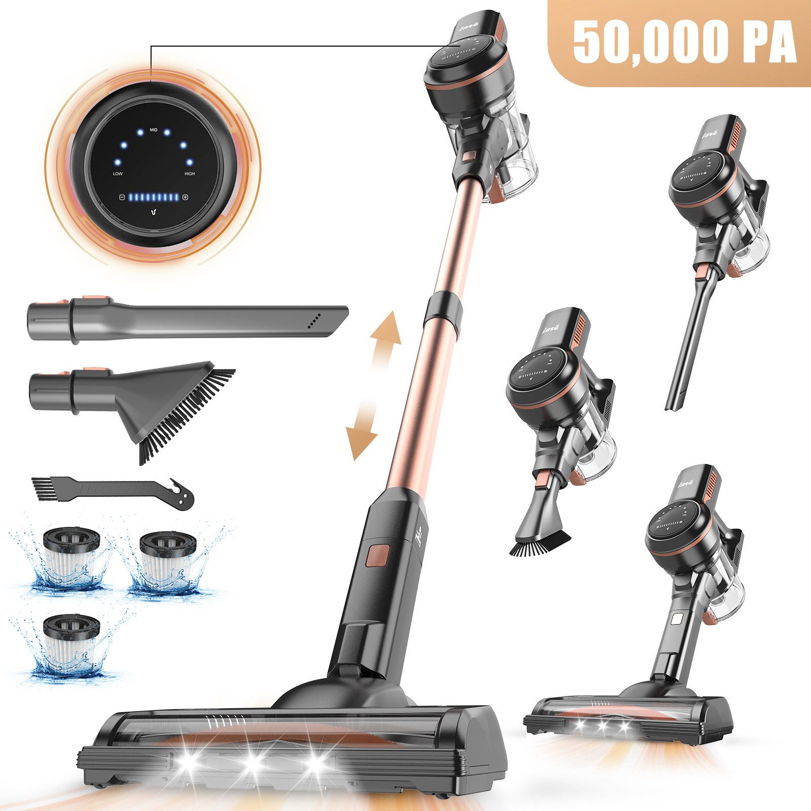 INSE Akku-Hand-und Stielstaubsauger Akku Staubsauger 50000Pa/1.2 L/60 Min, Staubsauger Kabellos, 1,2L Staubbehälter, mit LED Display,3 Saugstufen,Akkusauger, 2500mAh Für Teppich,Tierhaare