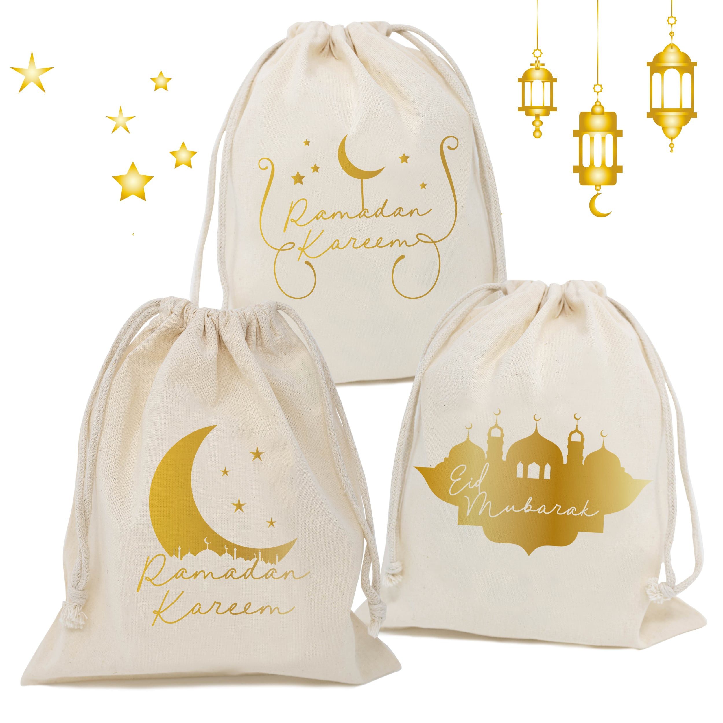 TOBJA Aufbewahrungstasche Ramadan Kareem Geschenksäckchen 25x30cm, 3 Eid Mubarak Baumwolltüten Gold, Ramadan Geschenke