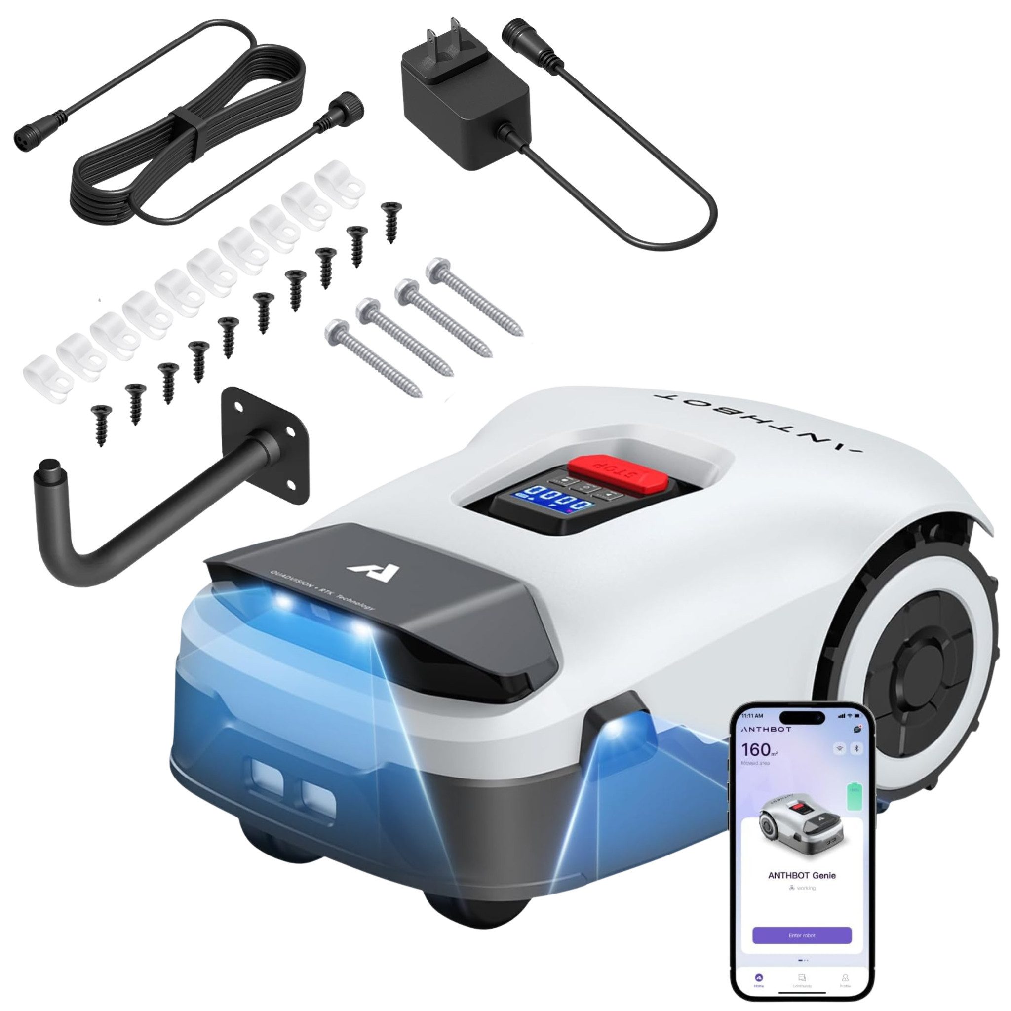 ANTHBOT Rasenmähroboter ANTHBOT Genie 600, bis zu 900m², bis 900 m² Rasenfläche, (RTK+4-Kamera Vision, Mähroboter ohne Begrenzungskabel, KI-Hindernisvermeidung), Kantenmähen, Mehrzonen-Management,WiFi/Bluetooth