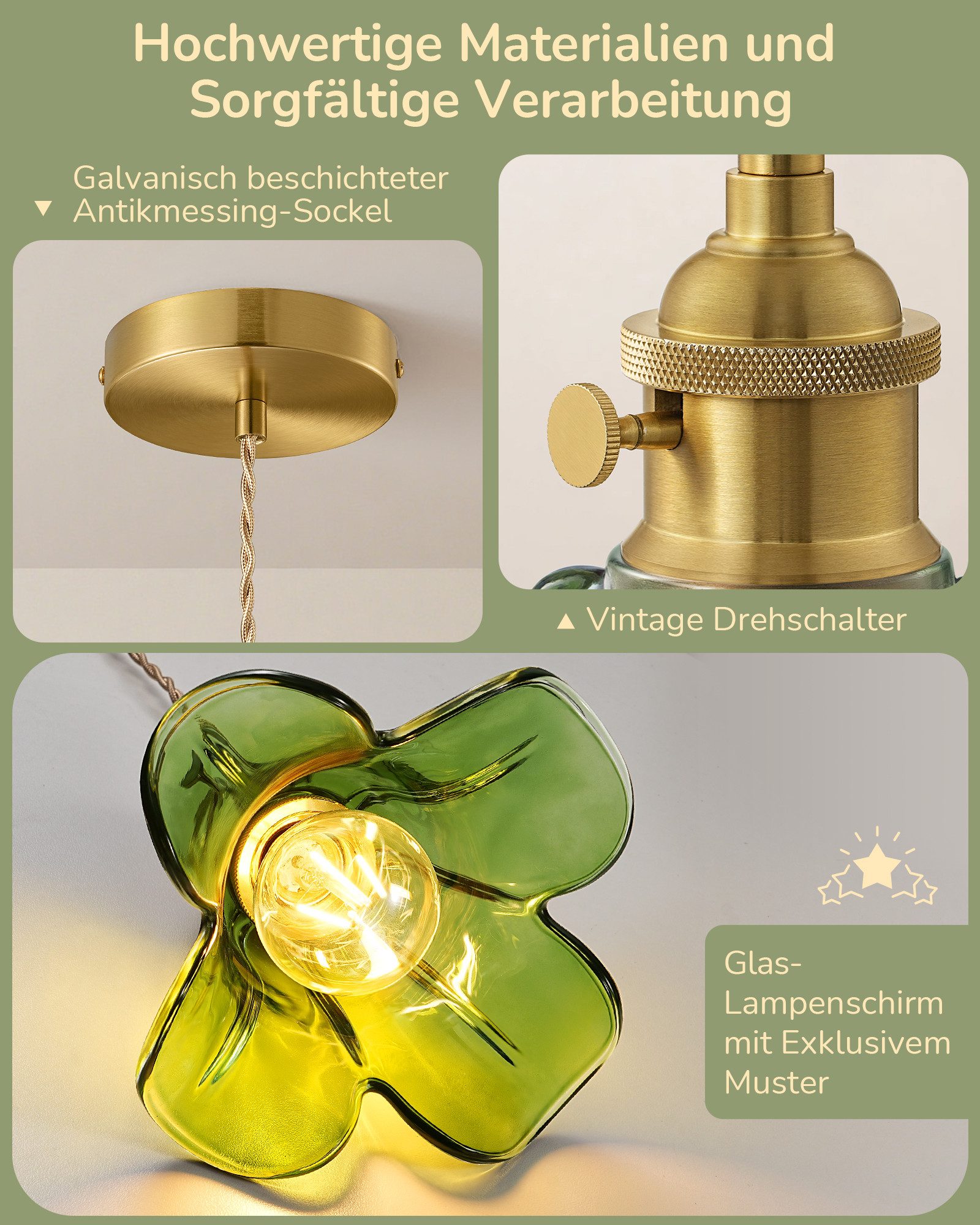 EDISHINE Pendelleuchte Glas, LED wechselbar, warmweiß, 1,5 m höhenverstellbares Hanfseil, für Kücheninsel, Esstisch und Flur