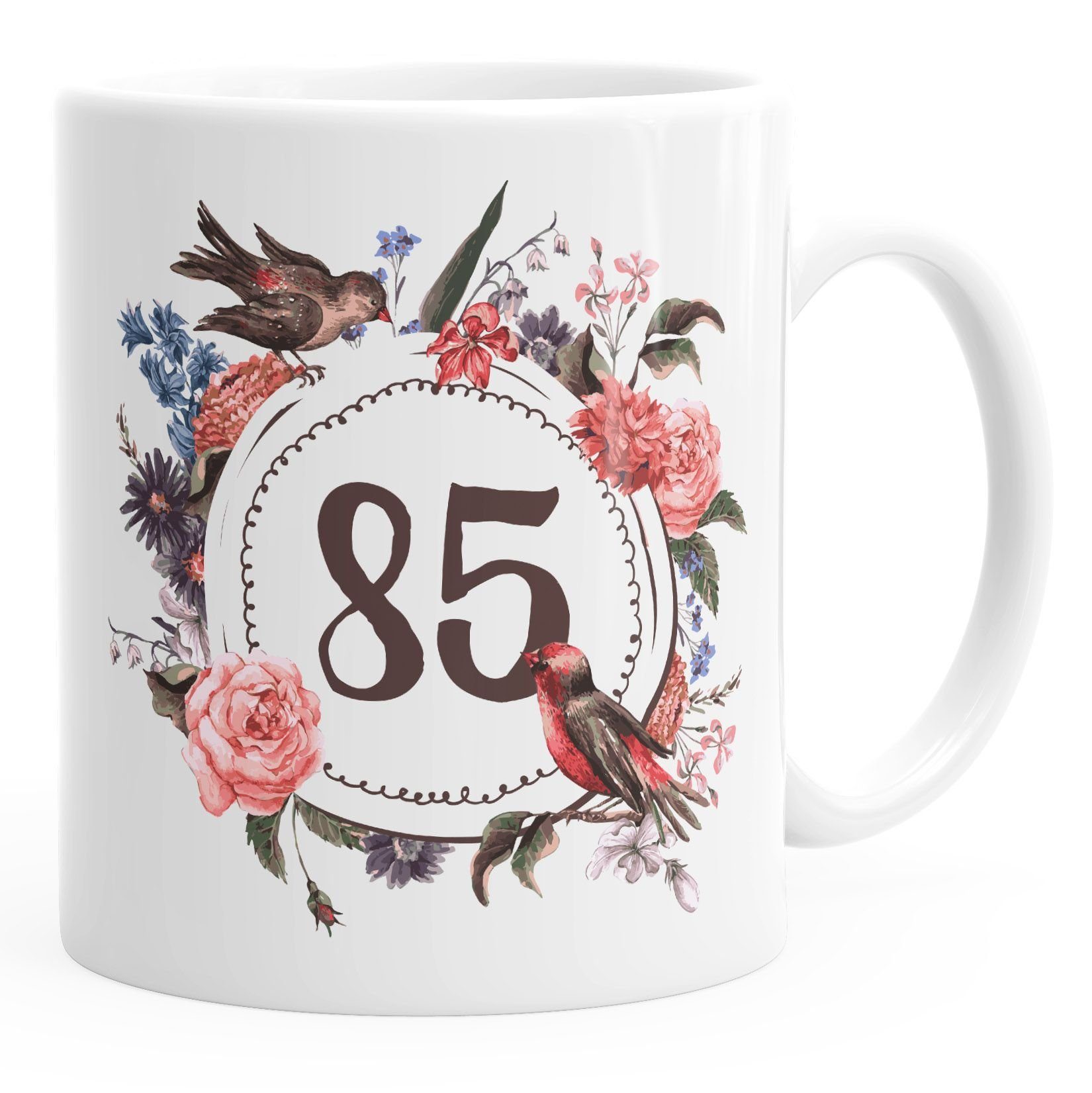 Geburtstags-Tasse [object Object]_ausgeschrieben} 85 Keramik {[object MoonWorks Geschenk-Tasse Blüten Tasse MoonWorks®, Kaffee-Tasse weiß Blumenkranz Blumen Object]