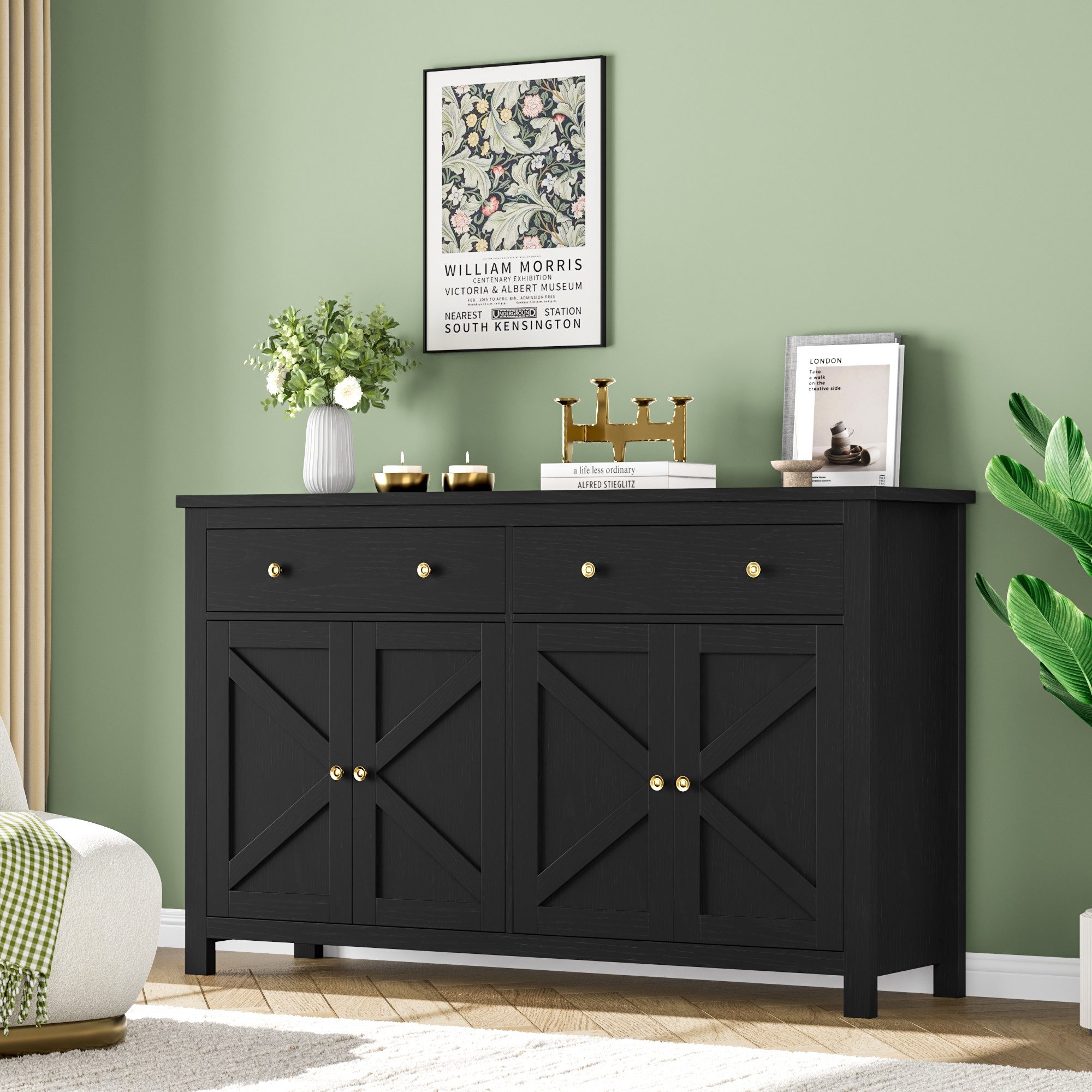 Homfa Sideboard Küchenschrank, mit 2 Schubladen 4 Türen, verstellbare Ablage, Breite 140 cm