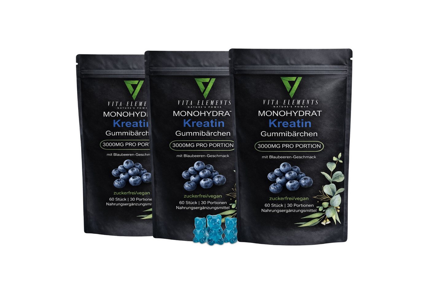 Vita Elements Kreatin Monohydrat Gummies - 3000mg pro Portion, 180 Gummibärchen, 3 er Spar-Set à 60 St., Blaubeeren-Geschmack, Vegan, Gentechnikfrei, Zuckerfrei, Laborgeprüft