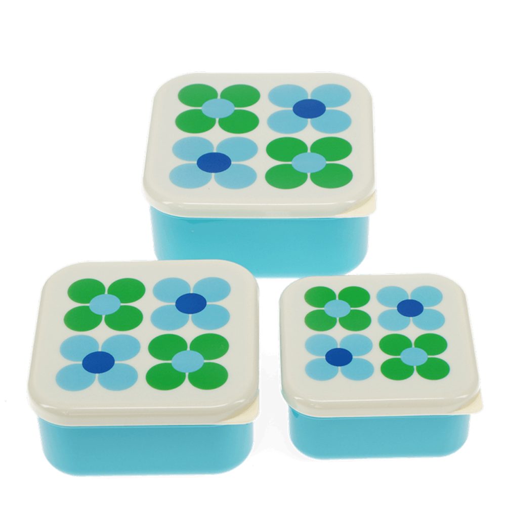 Rex London Lunchbox Snack Box Set Daisy Blau-Grün, Kunststoff, (Set, 3-tlg., ca. 11,5 x 11,5 x 5,5 cm (große Box), jede Box mit eigenem Design, passt genau in den größeren Behälter