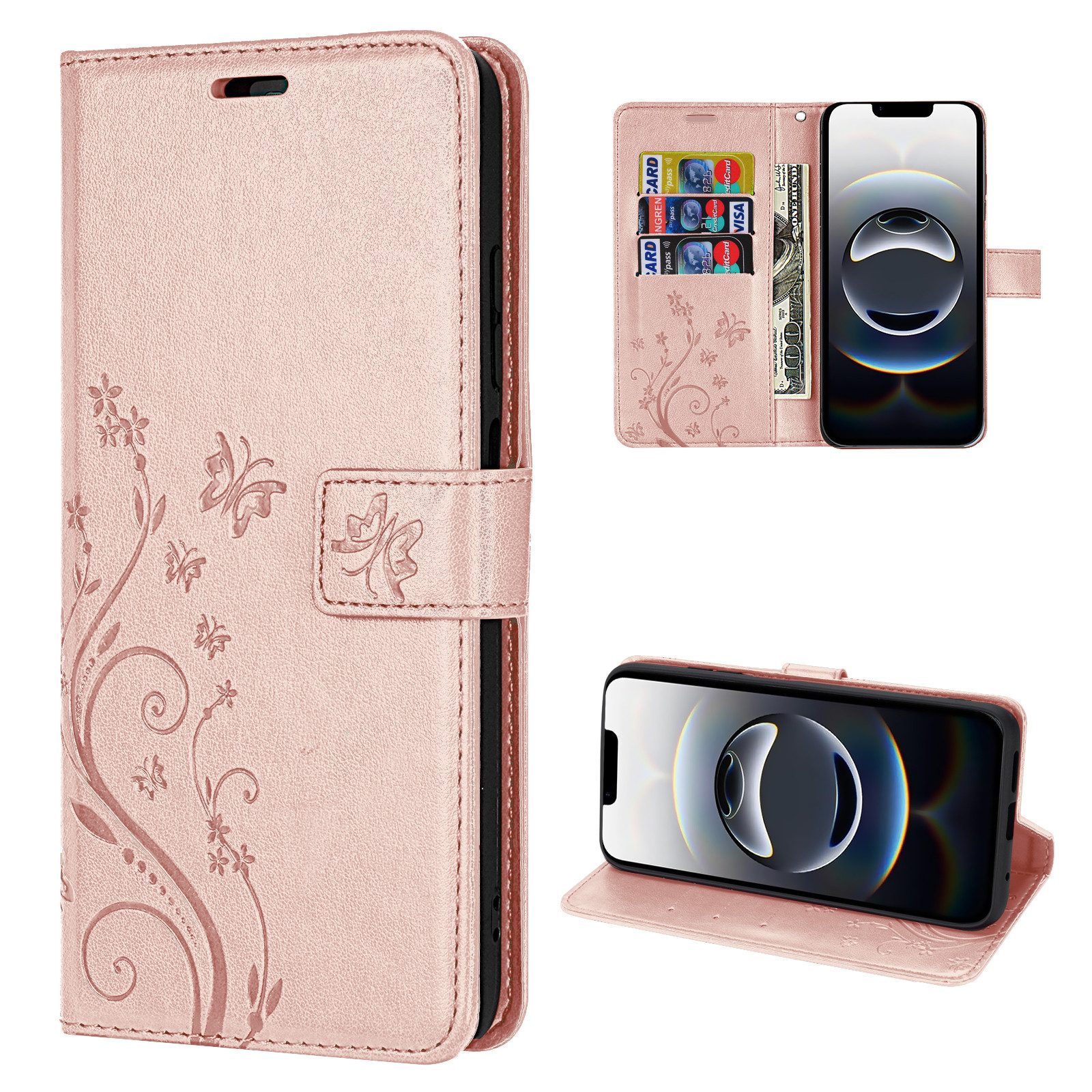 betterfon Handyhülle für iPhone 17E / 16E - Klapphülle mit 3 Kartenfächern Blumen, Bookstyle-Hülle: Magnetverschluss 3 Kartenfächer & Standfunktion