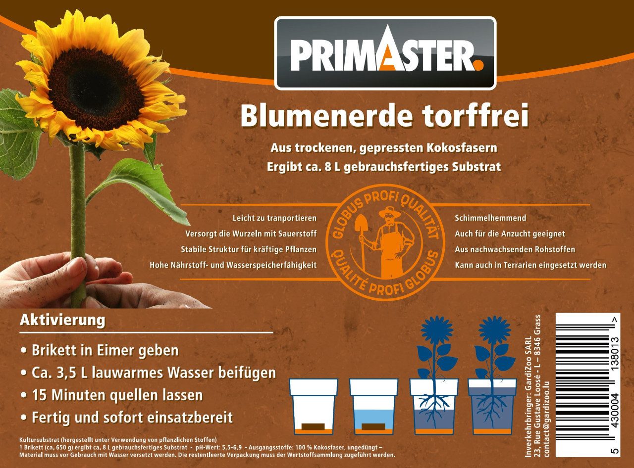 Primaster Blumenerde Primaster Blumenerde torffrei Brikett für 8 Liter, Torffrei