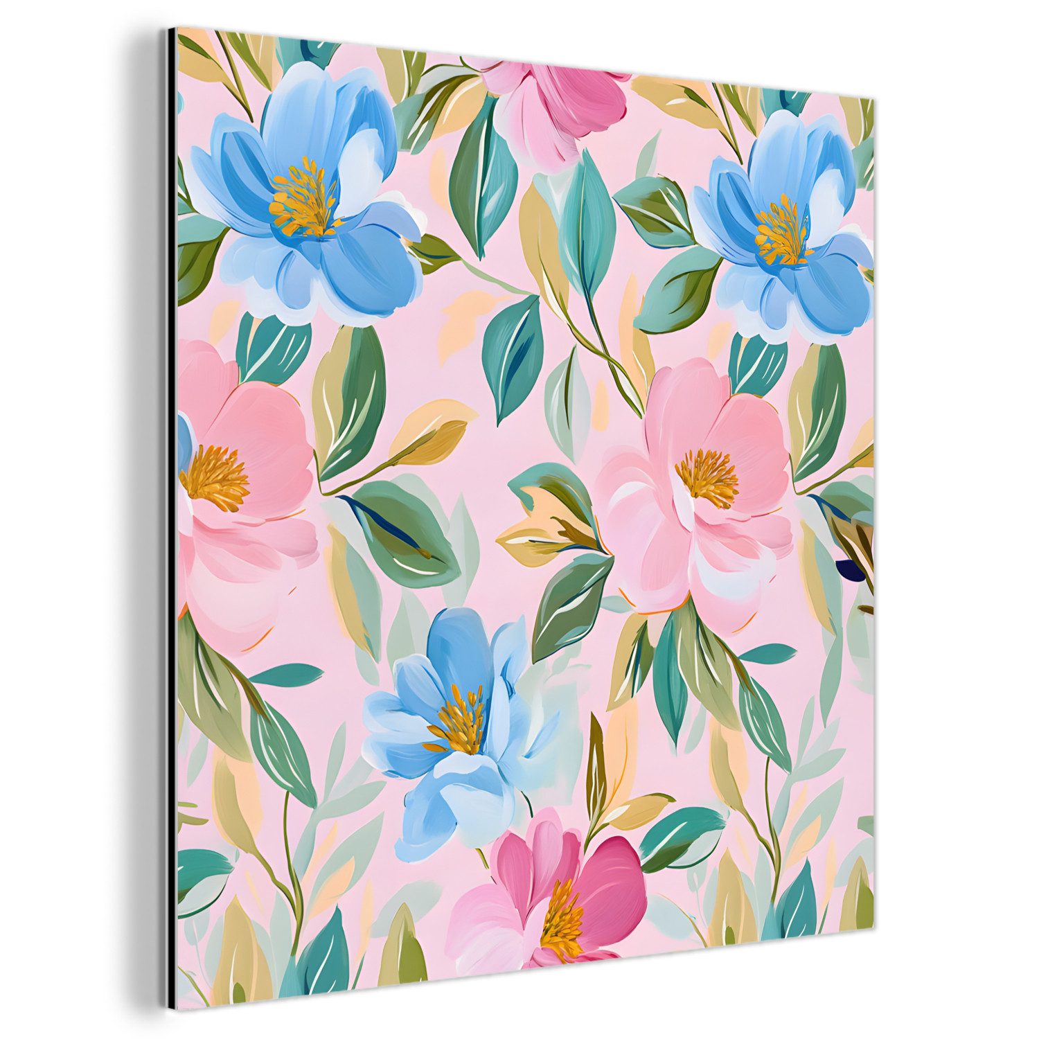 Metallbild Blau - Rosa - Blumen