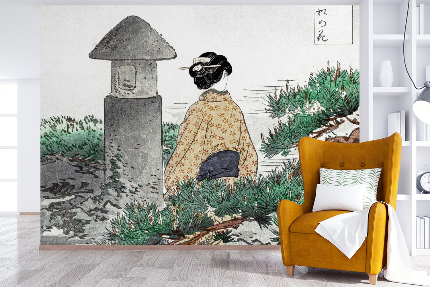 Vinyl Matt, Wallpaper Wohnzimmer, (6 Frau Schlafzimmer, MuchoWow Fototapete Tapete Japan, - Natur Kinderzimmer, St), Kimono - bedruckt, - für