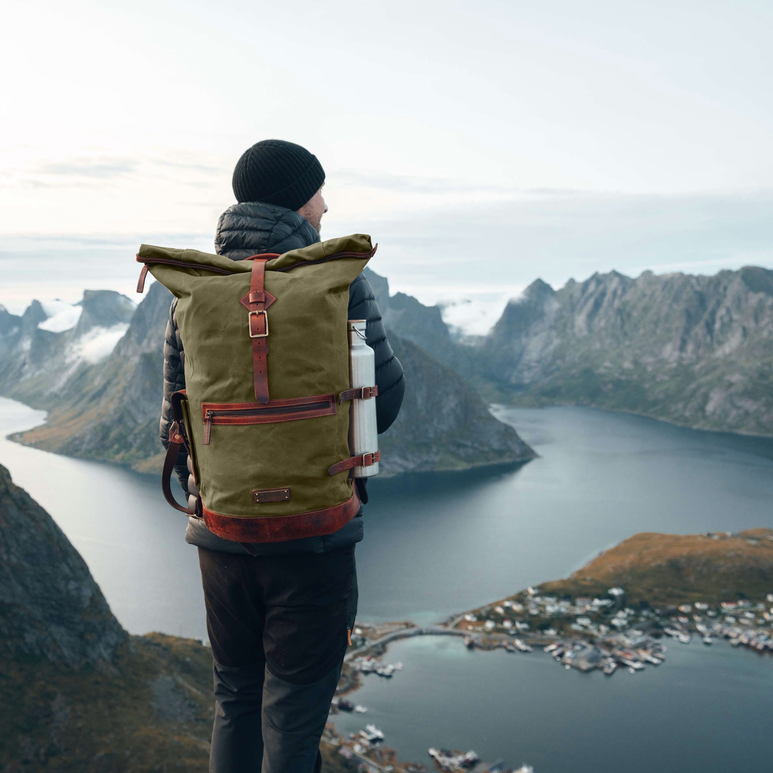 DRAKENSBERG Rucksack Seesack »Dale« Wald-Grün, wetterfester großer Vintage Rucksack aus gewachstem Canvas und Leder