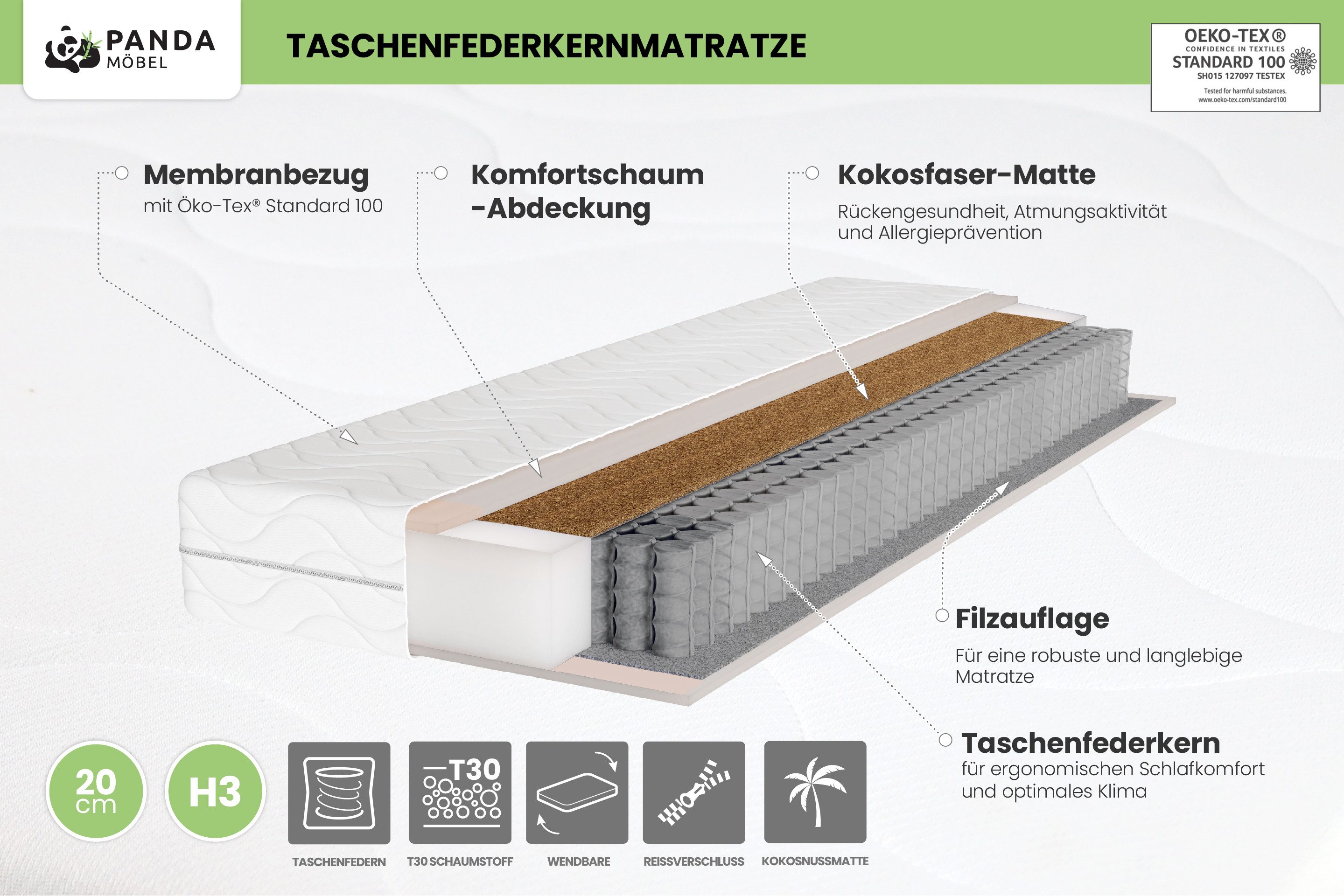 Taschenfederkernmatratze Pocket mit Kokosmatte 90cm 100cm günstig online kaufen