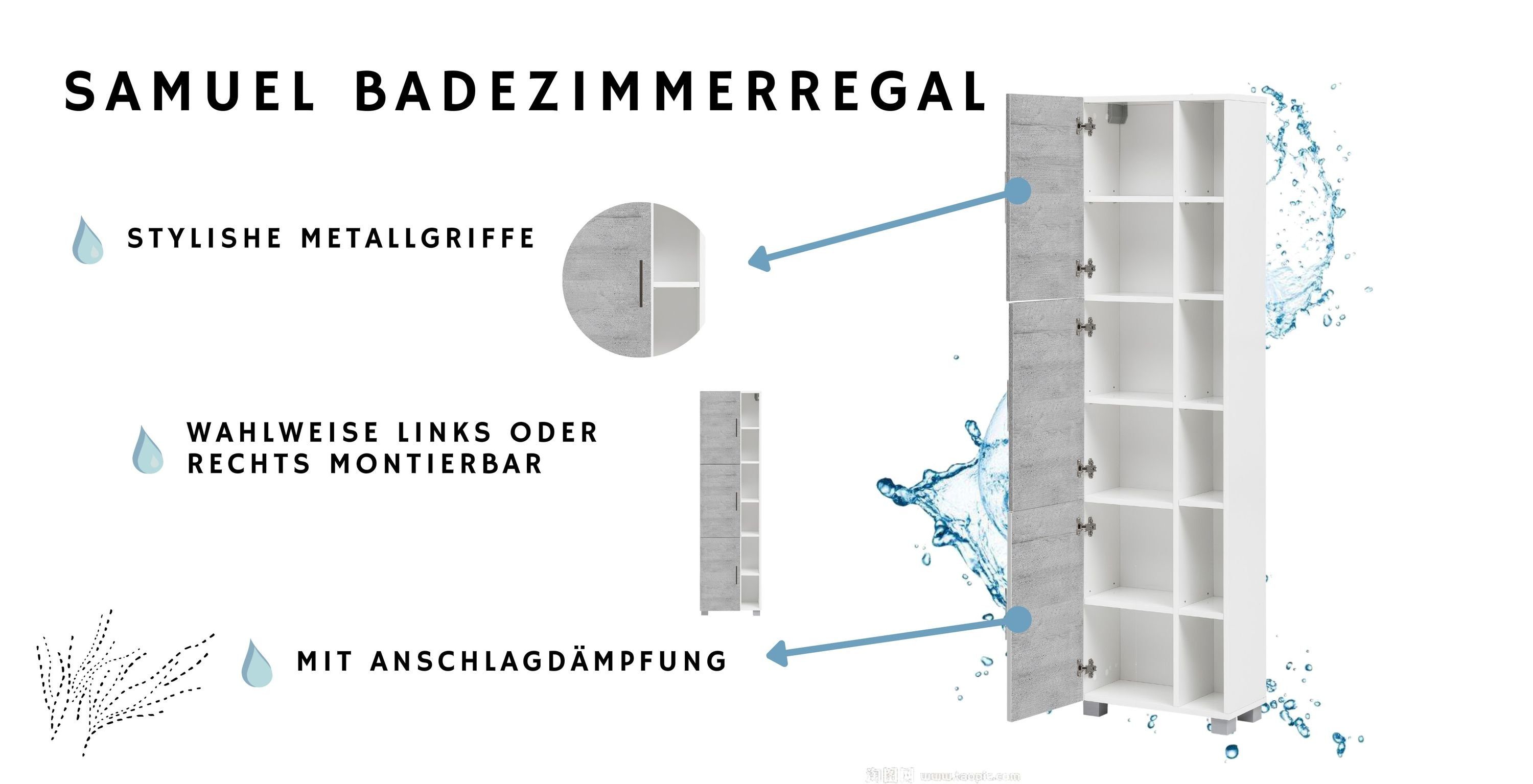 Ablagen, (Kein Set) Samuel verstellbare Grau Hochschrank Schildmeyer Metallgriffe, Kunststofffüße, Schrankfächer, Böden