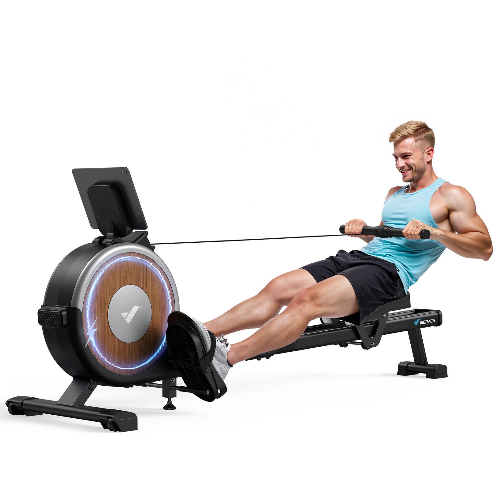 MERACH Rudermaschine Rudermaschine, elektronisches Rudergerät, 16 Widerstandsstufen (Selbstbetriebene Power, stabiles Doppelschienen-Design, LCD-Display, 90 % vormontiert, Tablet-Halterung, mit Merach & Kinomap App), Vertikale Lagerung, bis 158 kg Traglast, leises Workout