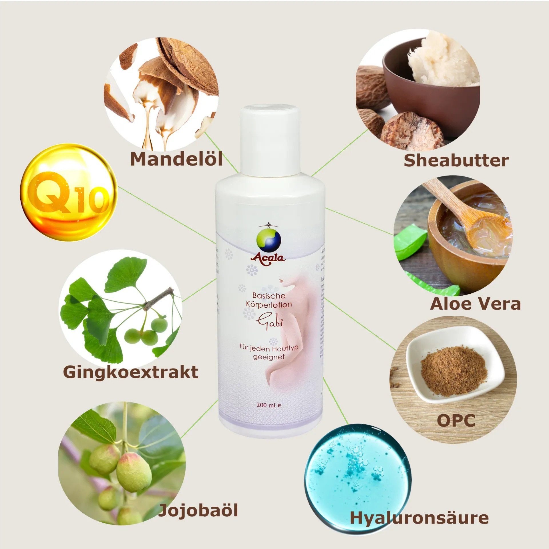 AcalaQuell Körperlotion Basische Körperlotion Wirkstoffe vegane -Natur 200ml, Hyoluronsäure "Gabi"