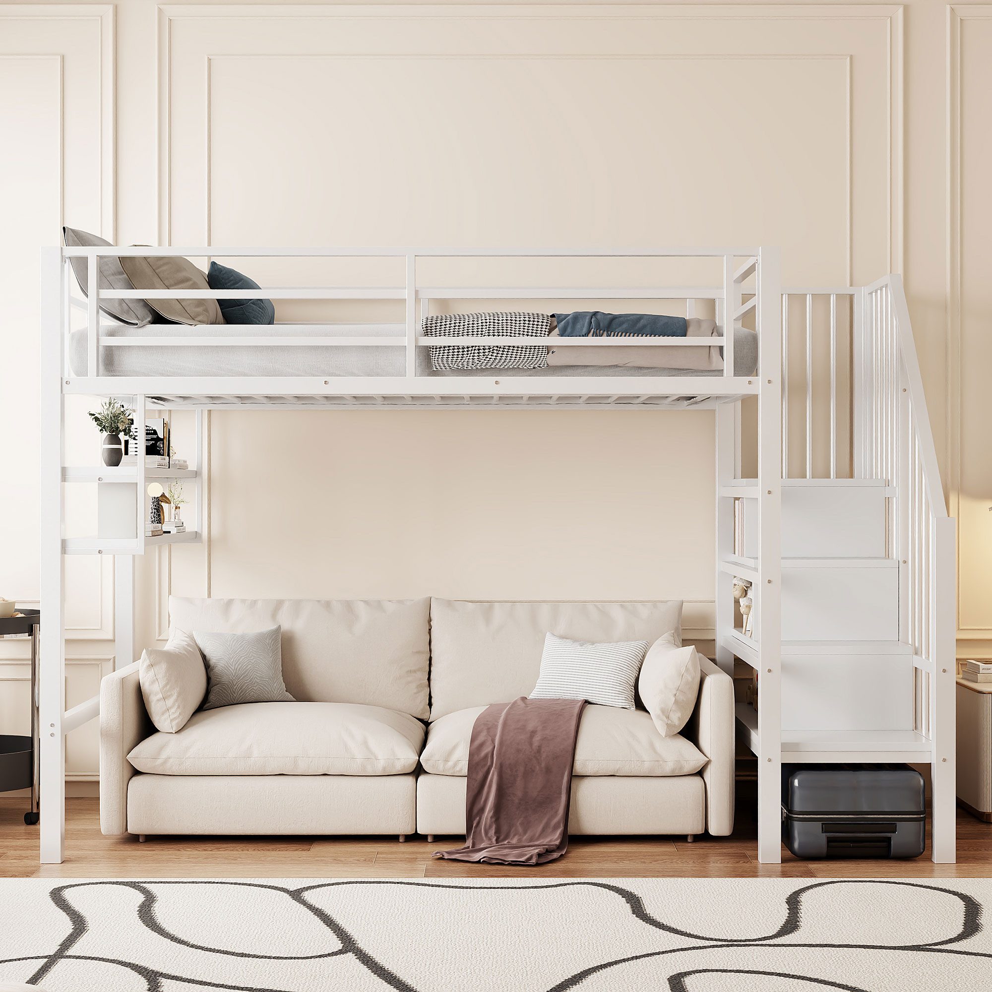 Flieks Hochbett Metallbett 90x200cm mit Einlegeböden und Stauraumtreppe