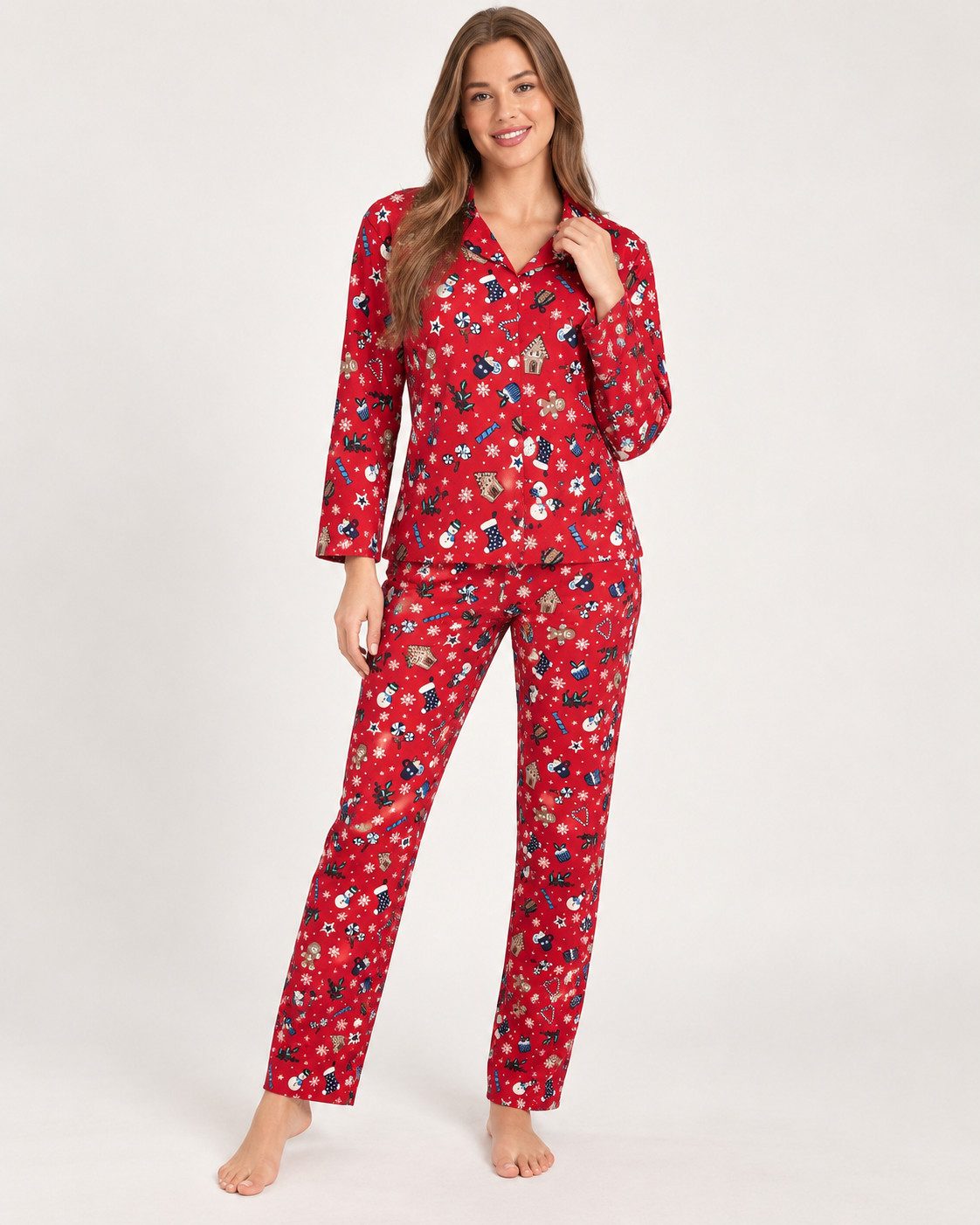 fashionshowcase Pyjama Damen 2-teilig mit Weihnachtsmotiven Langarm Schlafanzug Hausanzug (Zweiteilig, Oberteil und Hose) festlicher Look für die Weihnachtszeit