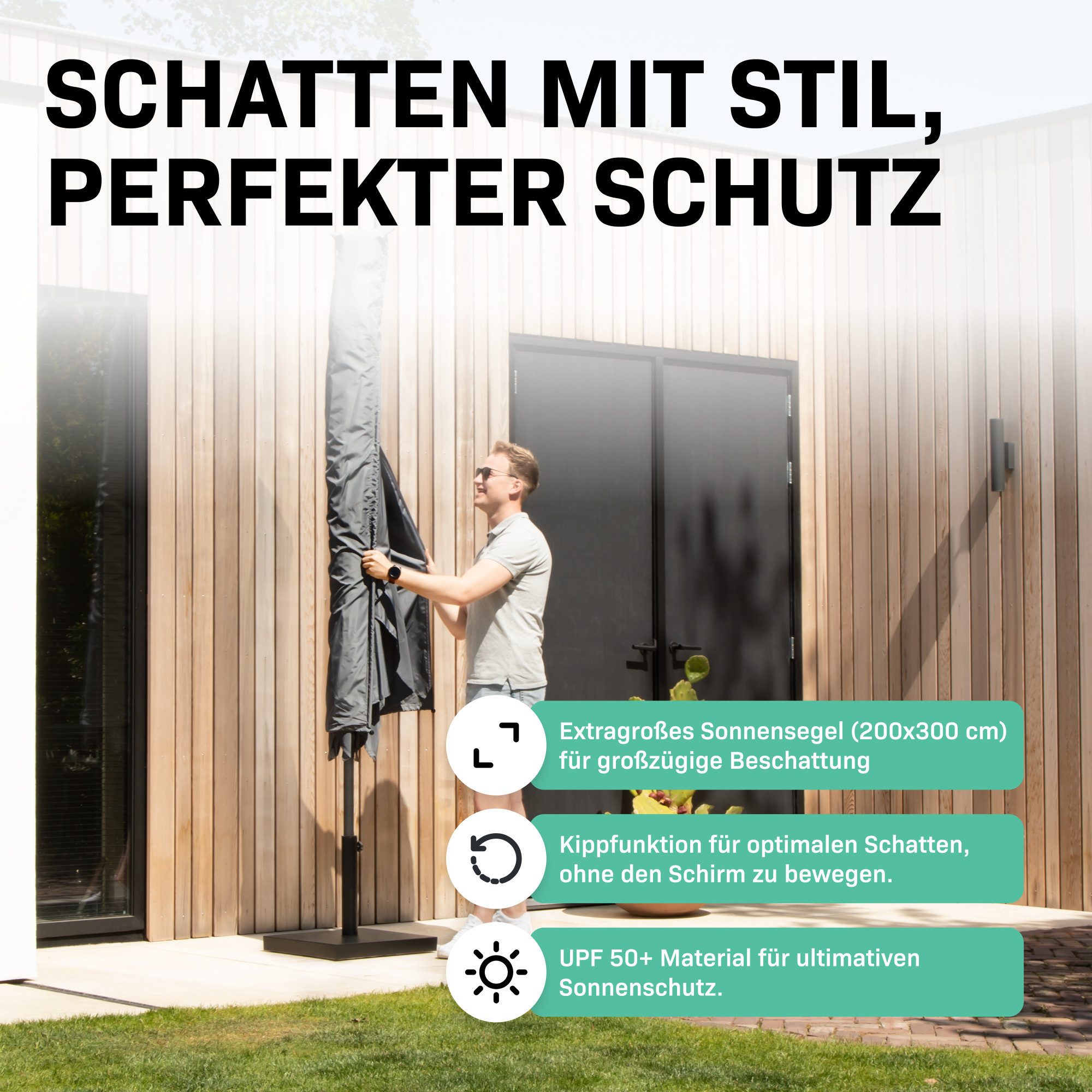 VONROC Sonnenschirm rechteckig, LxB: 300x200 cm, Set, Je nach Variante mit oder ohne Sockel, Rechteckiger Sonnenschirm für Terasse, Garten, Balkon & Gastro
