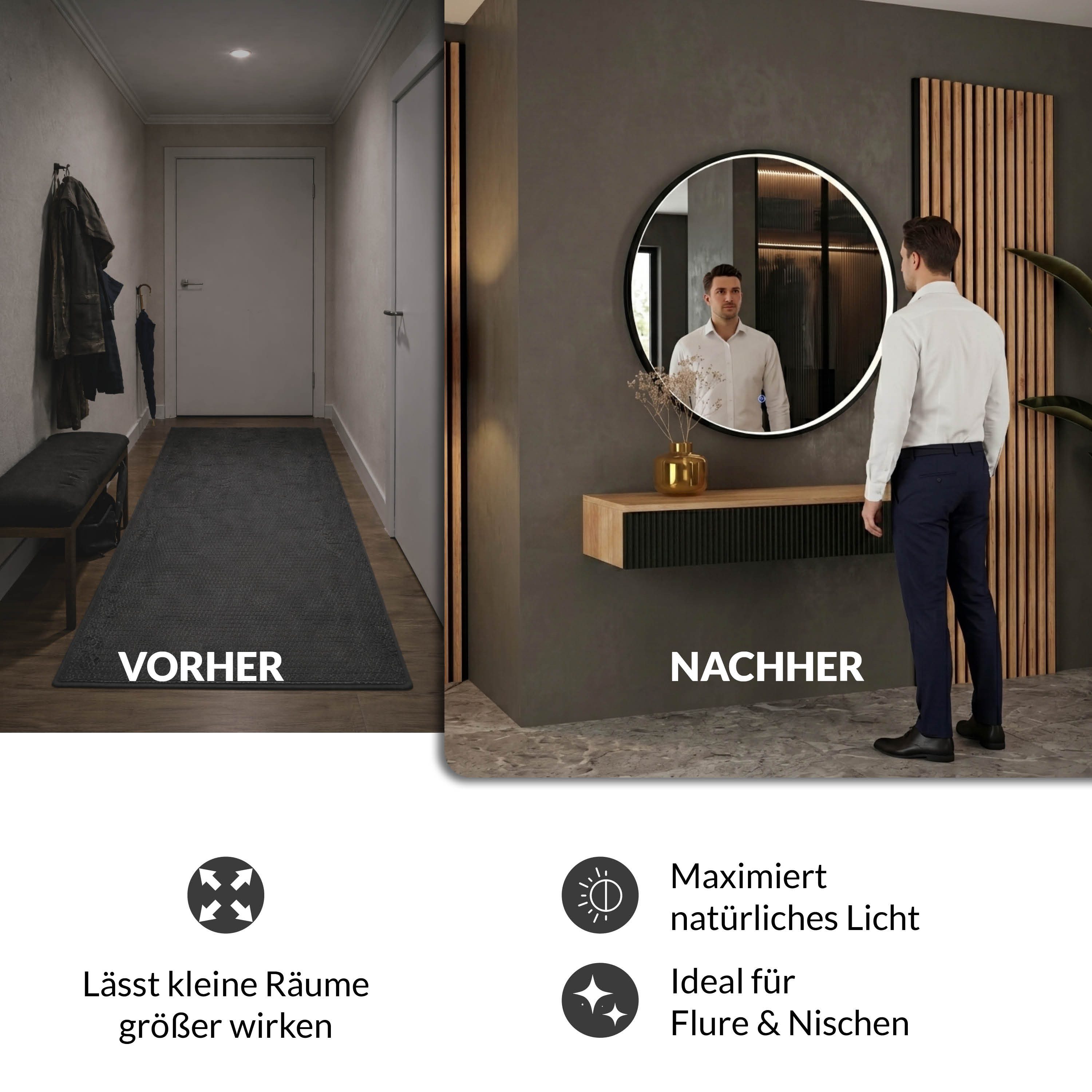 Planetmöbel Konsolentisch AMYRA Flurtisch 100 cm, VELUNA Spiegel mit Beleuchtung 60 - 100 cm (Konsolentisch 100 cm, 2-St., inkl. Spiegel mit Beleuchtung rund 80x80 cm), Wandkonsole & Wandspiegel Flur Set