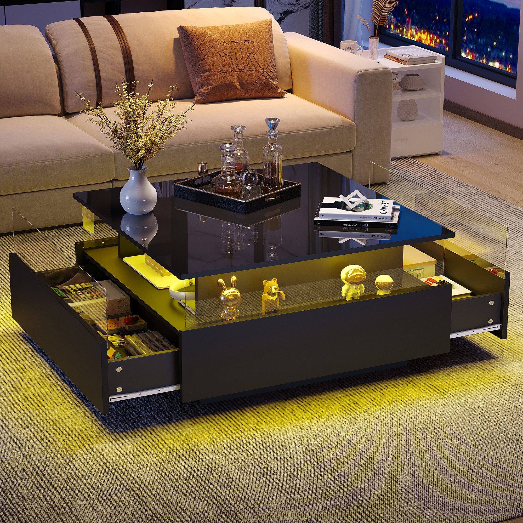 Merax Couchtisch Couchtisch hochglanz Wohnzimmertisch mit LED-Beleuchtung (Beistelltisch, Sofatisch, Kaffeetisch, L70/B70/H41 cm), Sofatisch mit 2 Schublade, gr – Bild 4 von 5