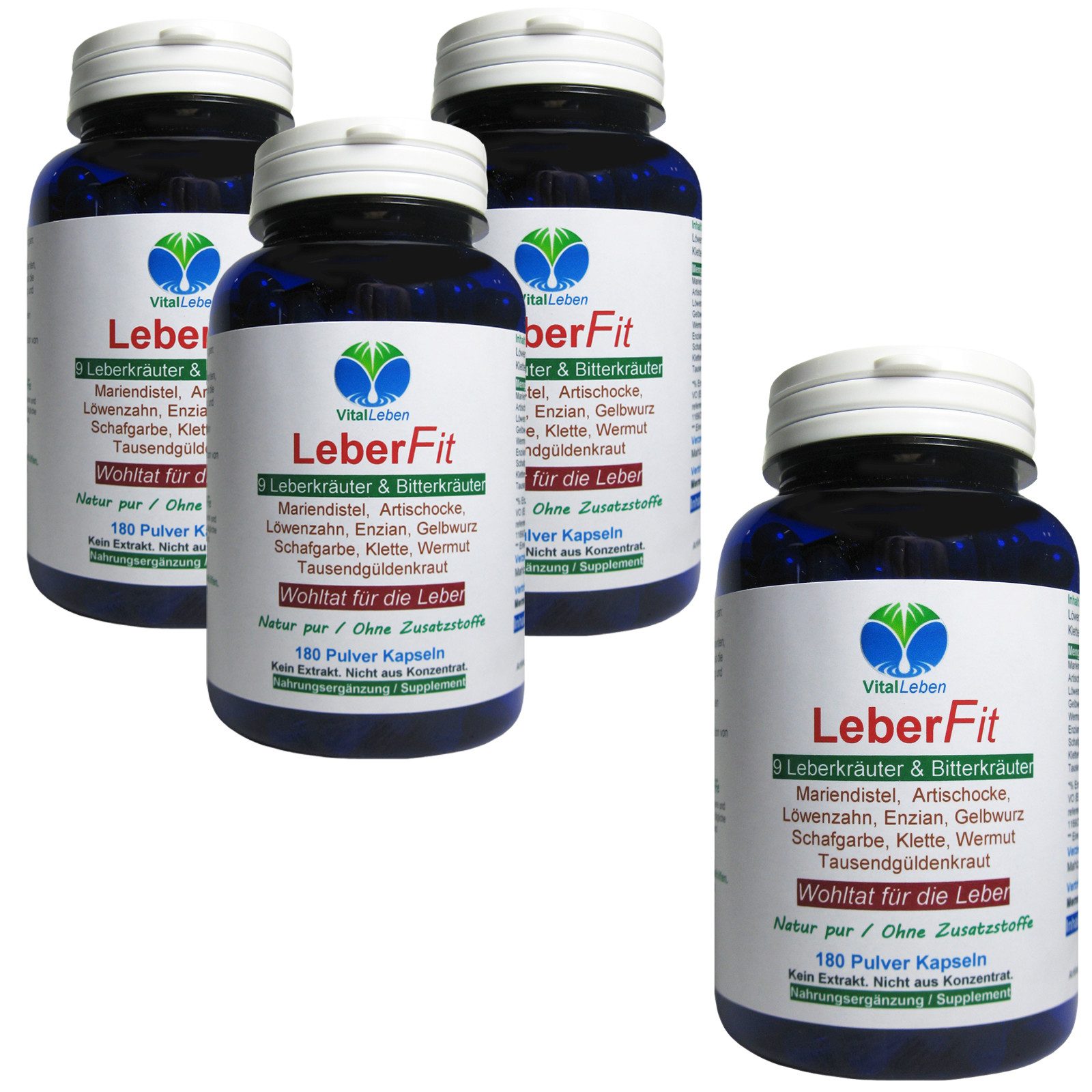 VitalLeben Leber Fit Komplex 9 Leberkräuter & Bitterstoffe OHNE Zusatzstoffe Kapsel, 4 er Dose à 180 St., 349,2 g, Art. 26459-720