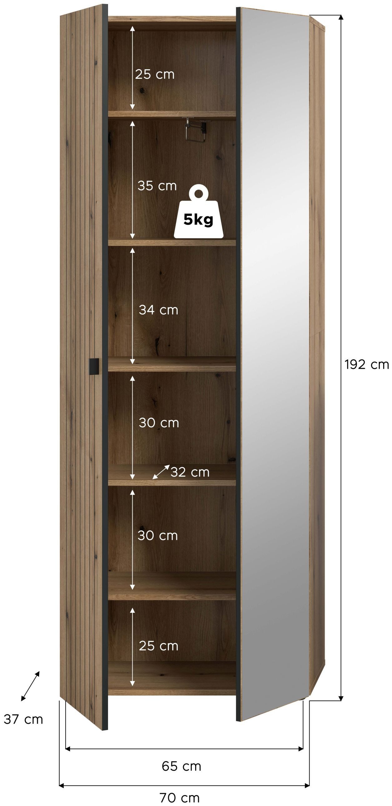 xonox.home Garderobenschrank in Evoke Oak Nachbildung B/H/T ca.: 70/192/37 cm – Bild 4 von 5