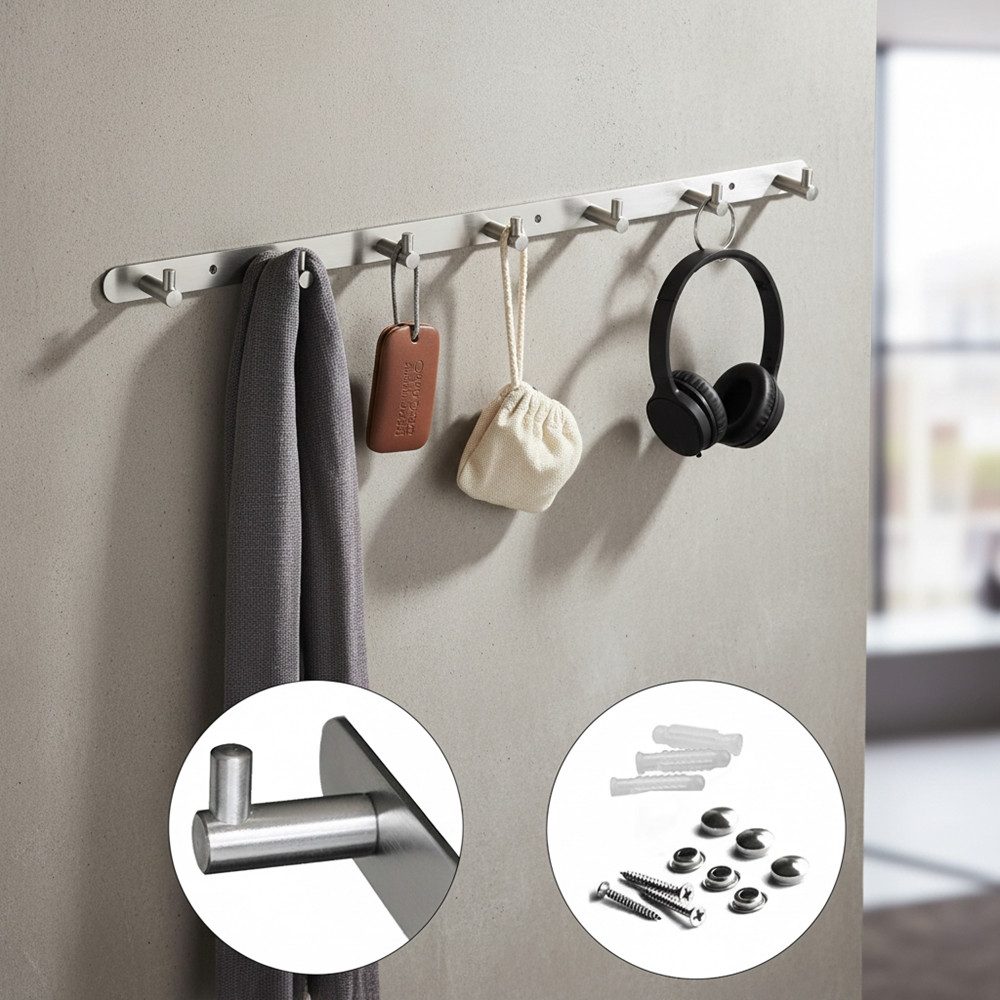 Melko Garderobenhaken Kleiderhaken Handtuchhalter Wandgarderobe Hakenleiste mit 8 Haken (Stück, 1 St., Stück), Edelstahl