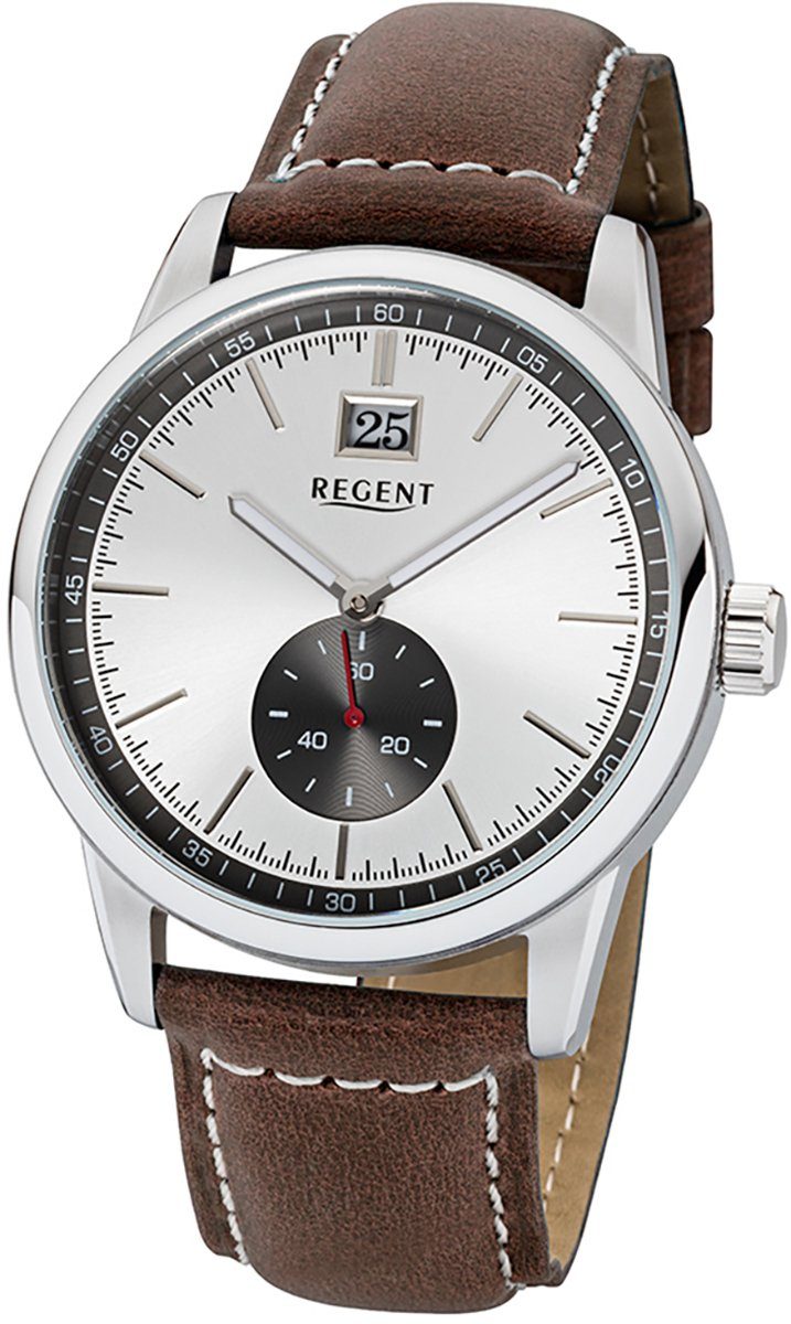 Regent Quarzuhr Regent Herren-Armbanduhr dunkelbraun, Herren Armbanduhr rund, groß (ca. 42mm), Lederarmband
