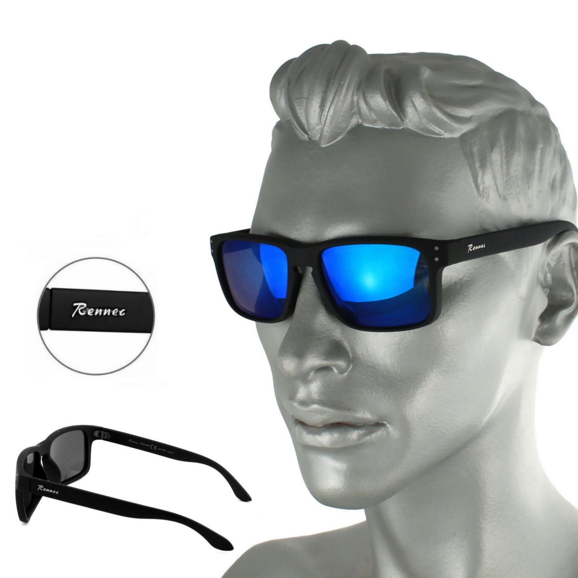 Rennec Sonnenbrille Herren Polarisiert Markenbrille mit Brillenbeutel Gläser Blau Verspiegelt Stabile Gelenke Markenschriftzug