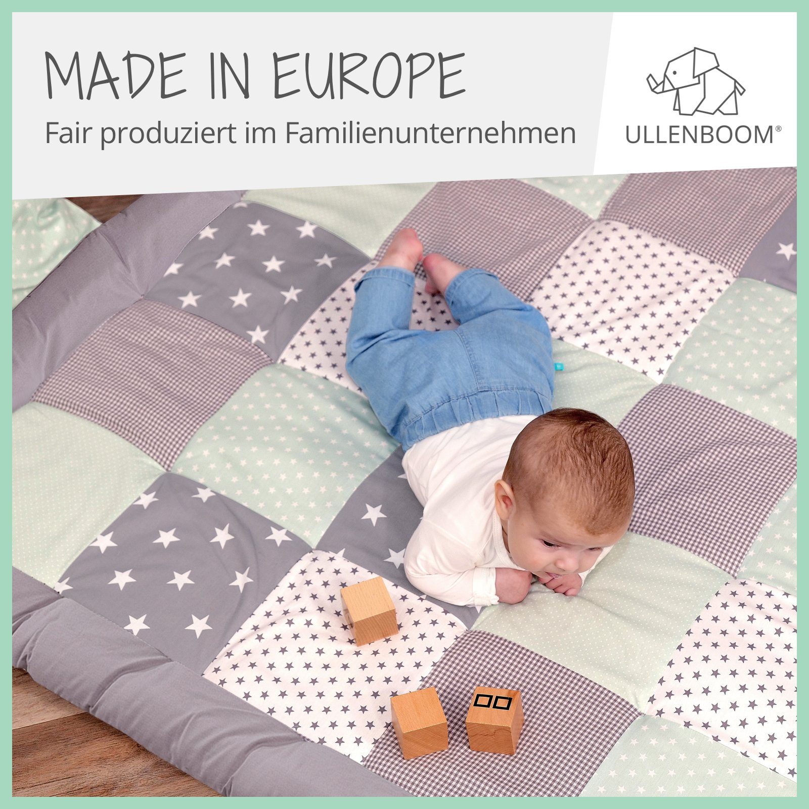 Außenstoff Baumwolle Krabbeldecke Dick EU), Krabbeldecke Baby gepolstert, Grau" in 100% "Mint 100x100 ULLENBOOM ®, cm (Made