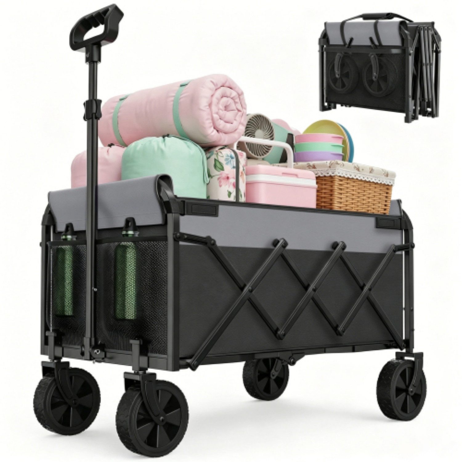 ANYSUN Bollerwagen Faltbar, Griff verstellbar, platzsparend, bis 100 kg belastbar, 100 L Stauraum, 360°-Räder, nur 6,5 kg, für Einkauf & Camping