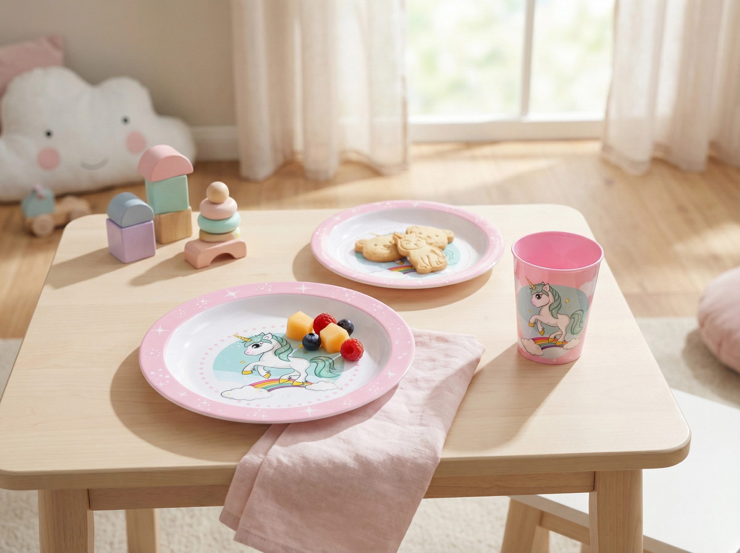 Stor Kindergeschirr-Set Kleines Einhorn Kinder Geschirr-Set 3 tlg Becher Teller Schüssel (3-tlg), 1 Personen, BPA-Frei