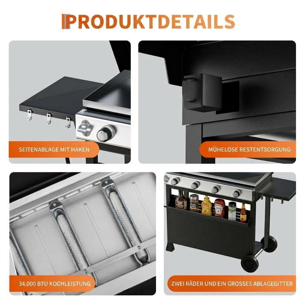 GarveeMore Standgrill Gasgrill 4 Brenner 32000 BTU mit Deckel, BBQ Grillwagen, mit Seitenablagen und Rädern