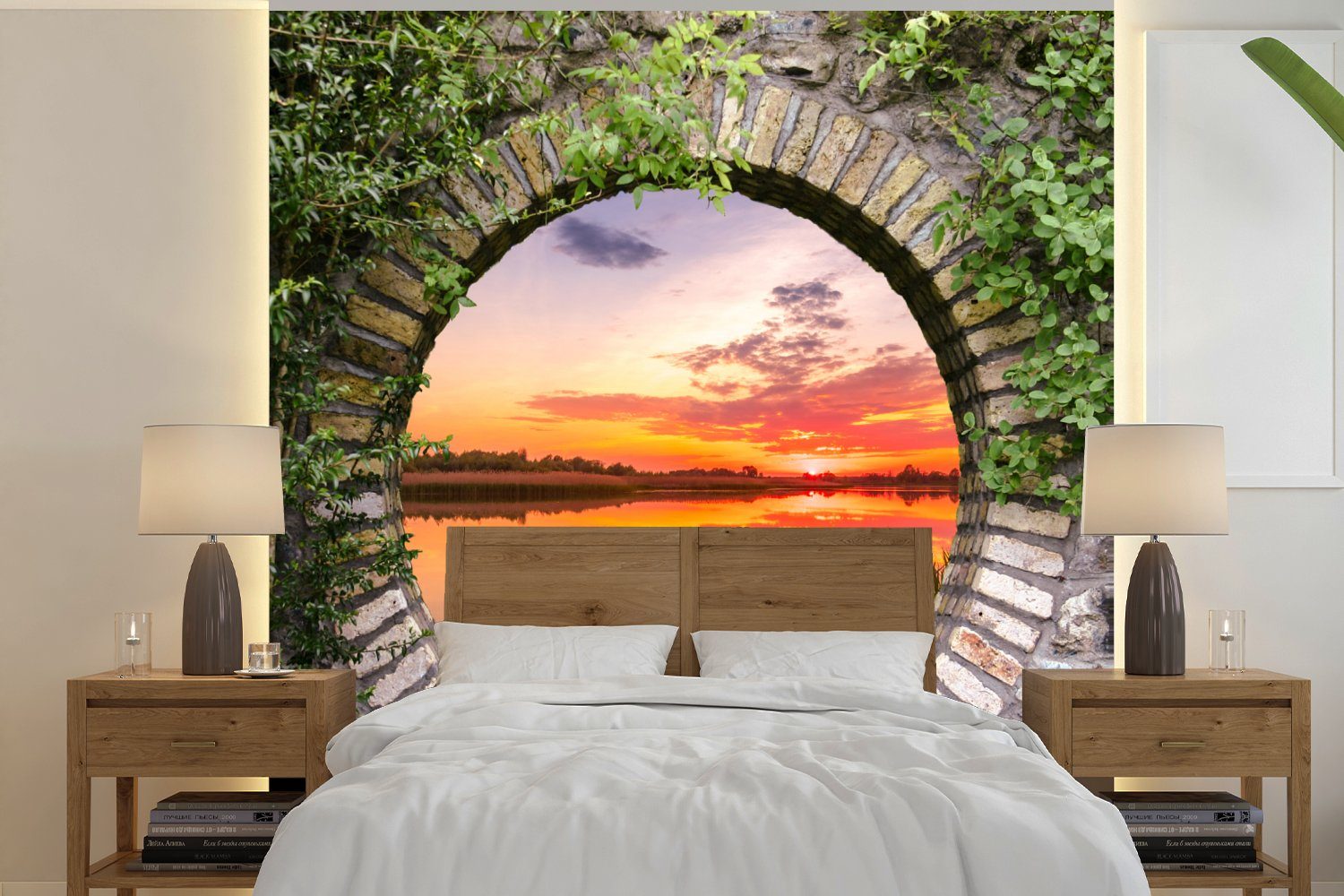 MuchoWow Fototapete Meer - Sonnenuntergang oder Vinyl für Schlafzimmer, (5 Tapete Wandtapete bedruckt, Matt, St), Ausblick, - Wohnzimmer