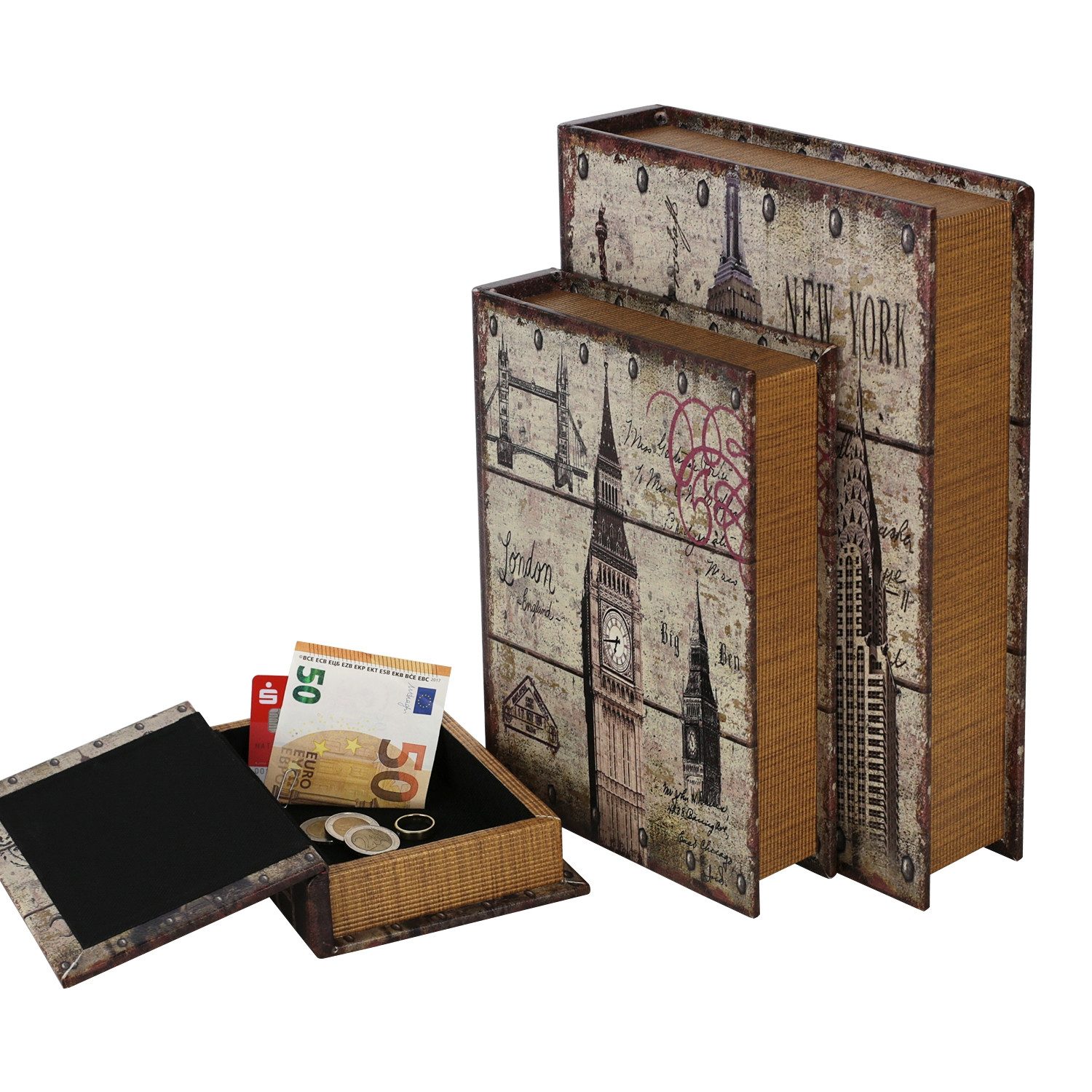 HMF Buchtresor Buchsafe im Antik-Look (3er Set), getarnte Geldkassette für Wertsachen, 32,5 x 23,5 x 7,5 cm
