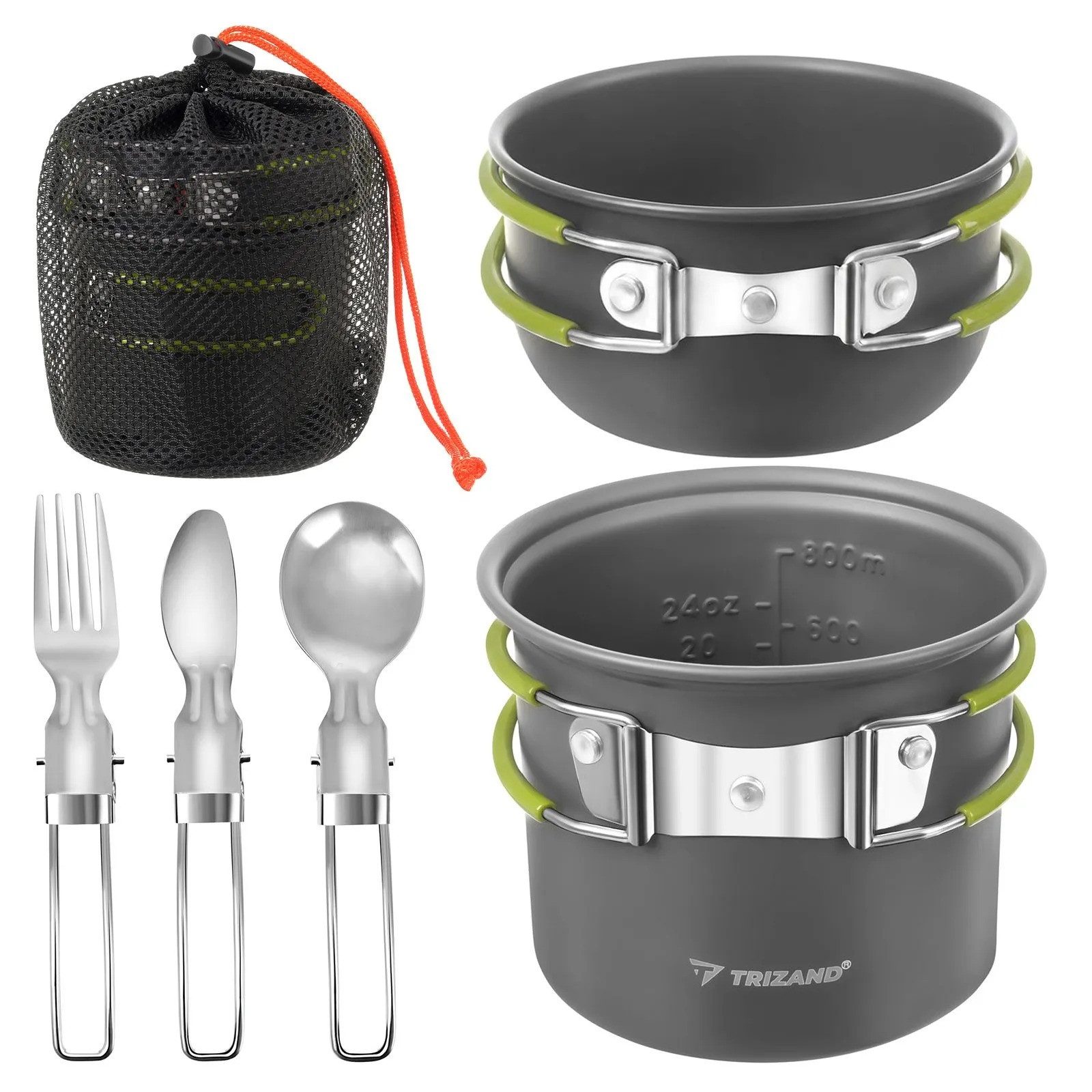 Trizand Geschirr-Set Camping Kochset 1,2L Aluminium faltbar Outdoor Trekking Geschirr (6-tlg), 2 Personen, Edelstahl, faltbare Griffe leichtes Aluminium kompakt mit Klappbesteck