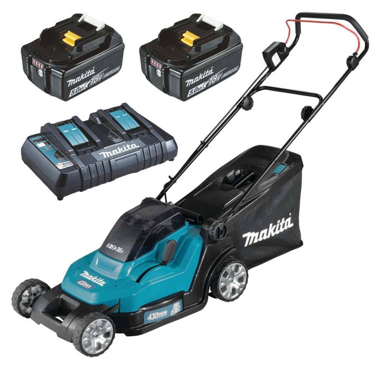 Makita Akkurasenmäher 891202, 43 cm Schnittbreite, (Komplett-Set, inkl. 2x 18 Volt 5.0 Ah Akku & Doppelladegerät), Bedienholm höhenverstellbar, Füllstandsanzeige