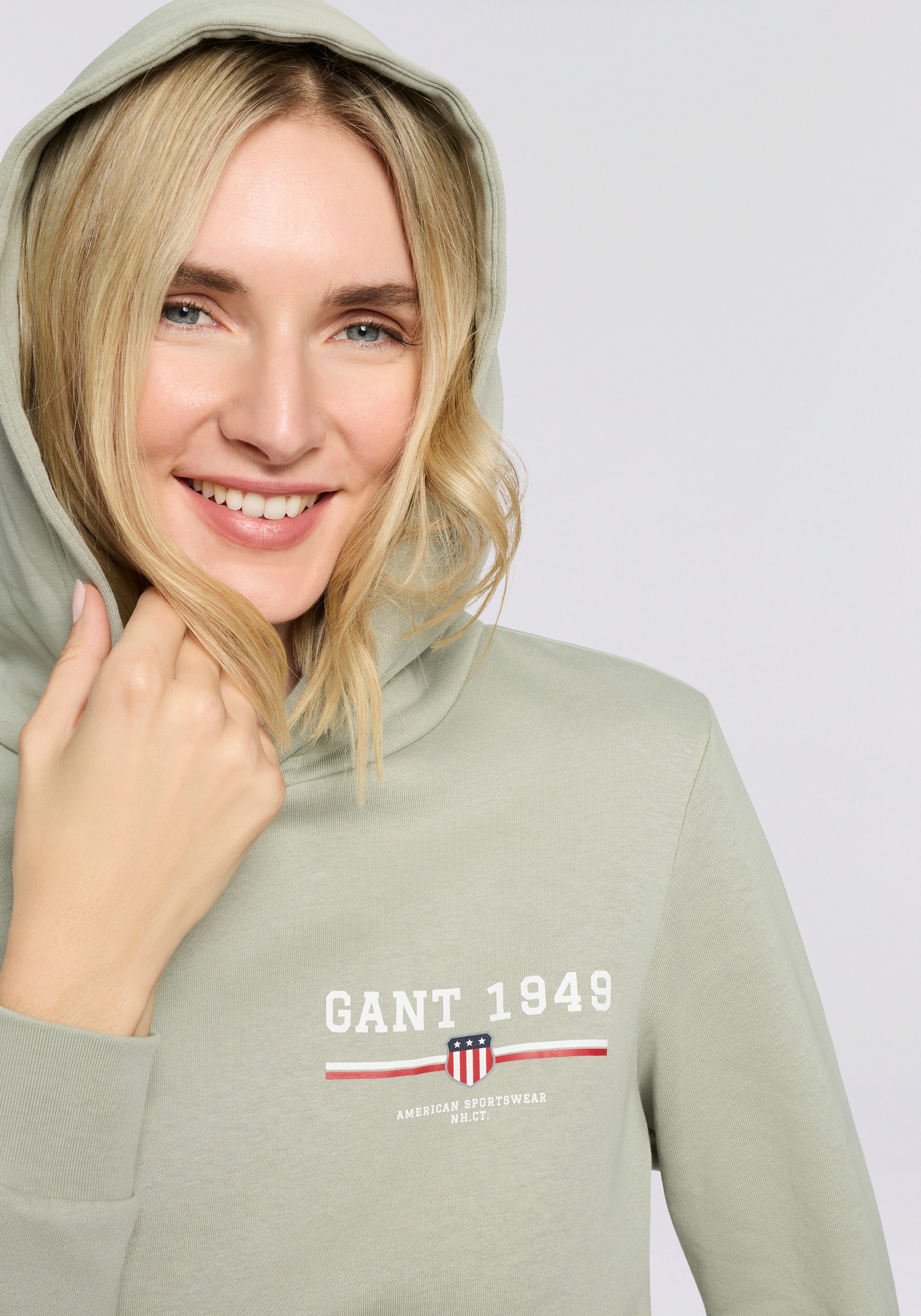 Gant Hoodie REG GRAPHIC HOODIE gerippte Abschlüsse, Kapuze ohne Kordel