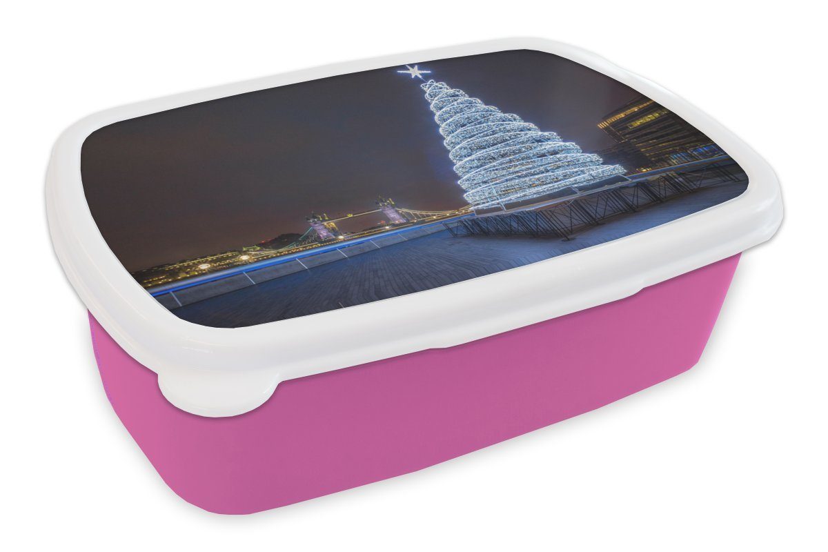 Tower England, Ein Lunchbox Mädchen, Snackbox, Erwachsene, in an beleuchteter rosa für Brotbox Kunststoff, Weihnachtsbaum (2-tlg), Kinder, Bridge Kunststoff MuchoWow der Brotdose