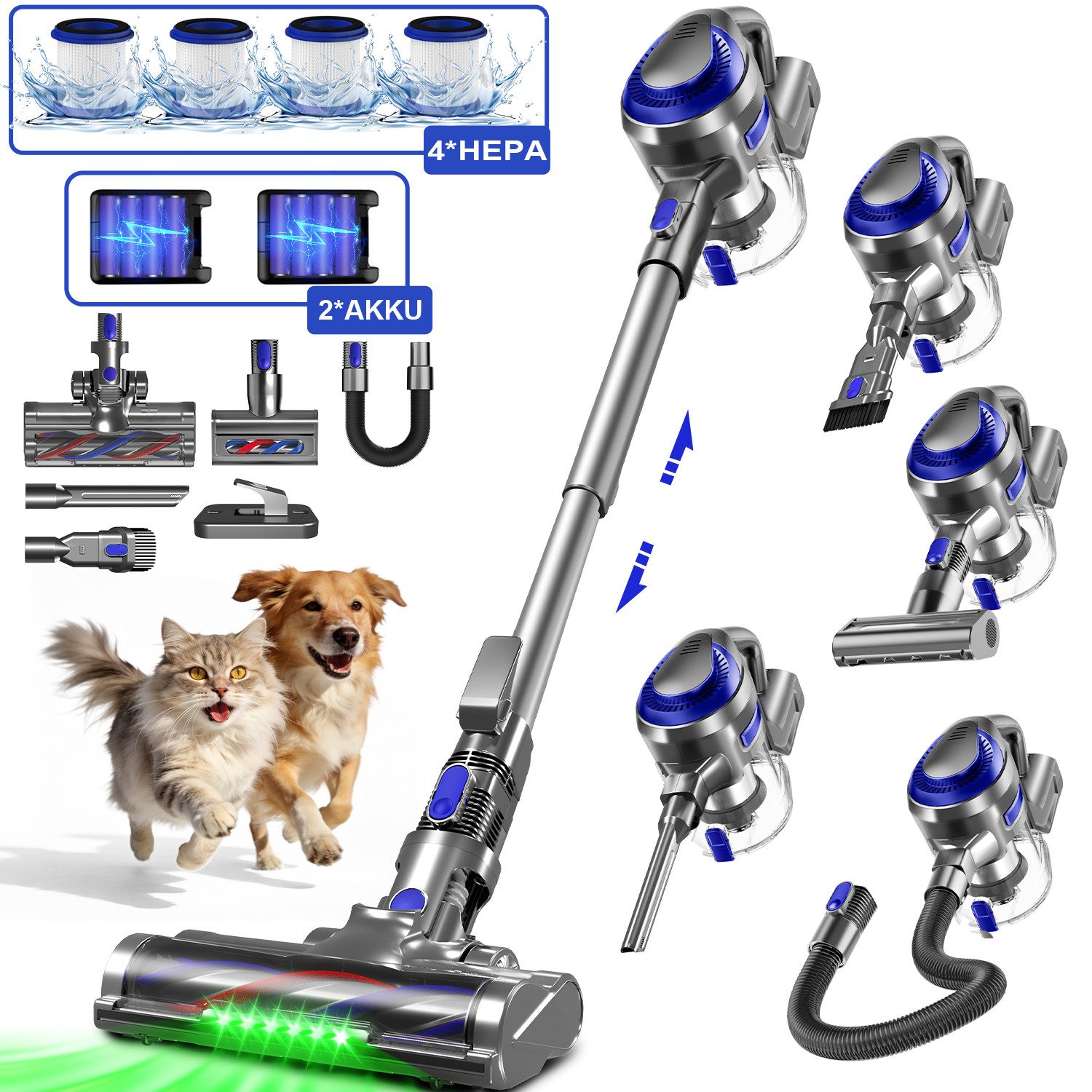 Adormii Akku-Hand-und Stielstaubsauger Akku Staubsauger, 60000Pa/60Min/1.6L Staubsauger Kabellos, HEPA*4, Anti-Tangle-Bürste, 5-in-1 Cordless Vacuum Cleaner, Akkustaubsauger für Tierhaare, Hartböden, Teppiche, 5-in-1 Staubsauger für Tierhaare,Hartböden,Te