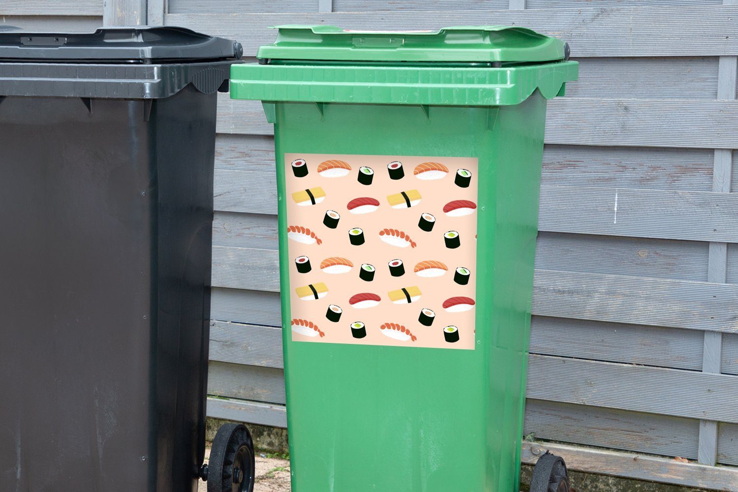 MuchoWow Wandsticker Sushi Illustration gegen Abfalbehälter Mülleimer-aufkleber, Mülltonne, (1 St), Container, Hintergrund Sticker, hellrosa