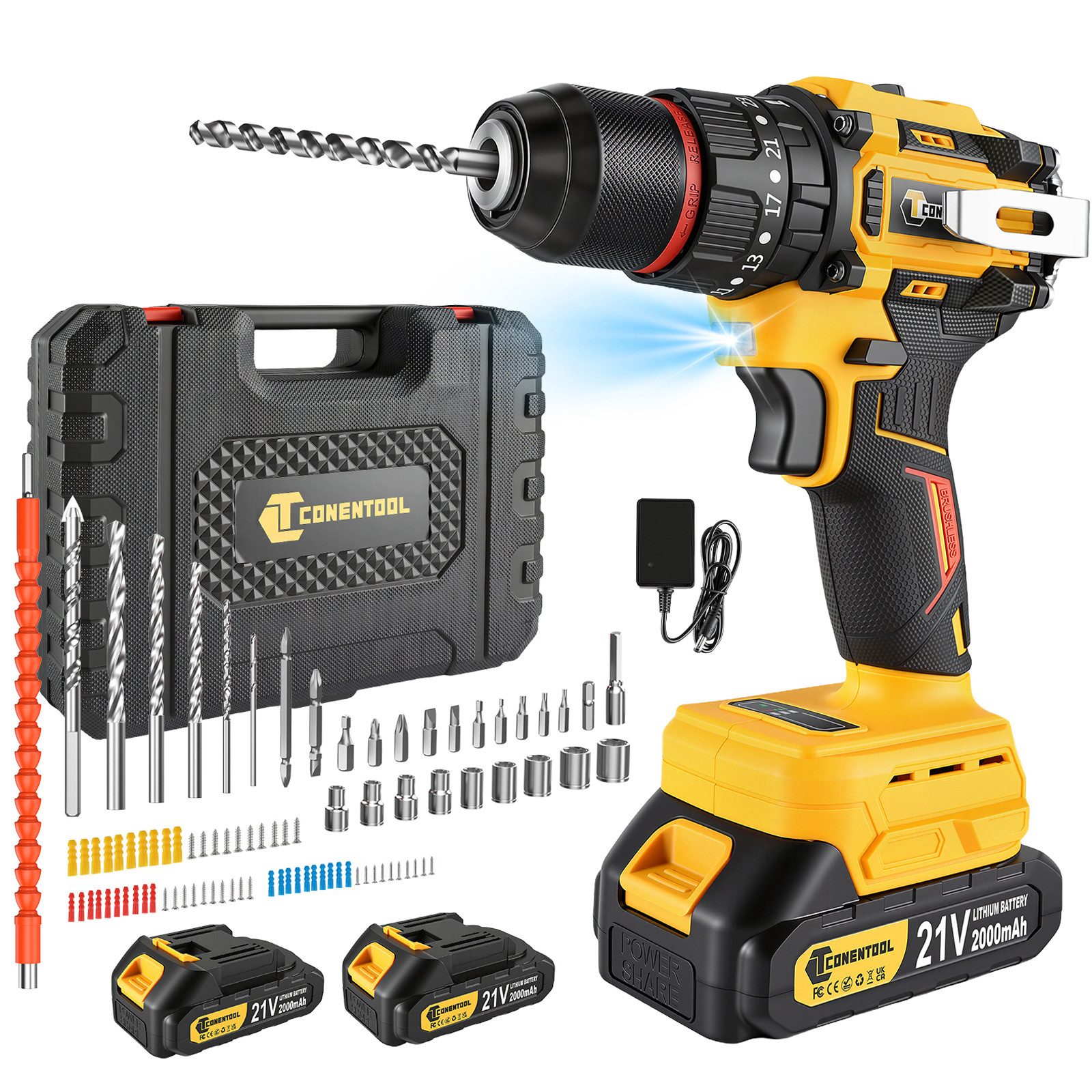 CONENTOOL Akku-Bohrschrauber Akkuschrauber Set Akkubohrer mit 60PCS Werkzeugkoffer, 21 V, max. 1800,00 U/min, (Set, 60-tlg., mit 2x 2000mAh Akkus und Ladegerät), 25+3 Drehmomentstufen, LED Licht, für Haus und DIY Projekt