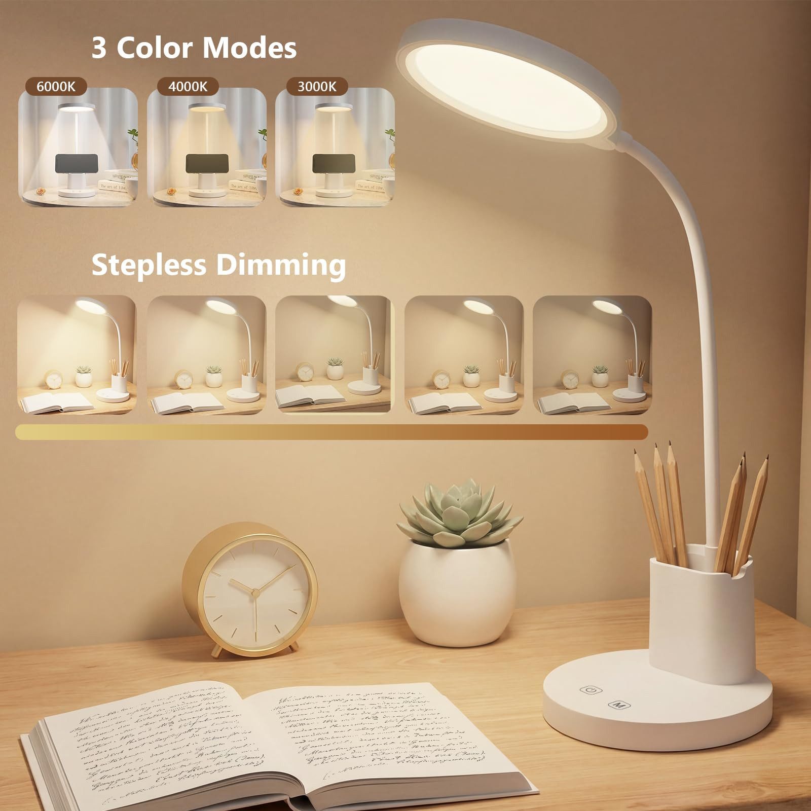 LQWELL LED Schreibtischlampe 4 in 1 LED Schreibtischlampe USB Aufladbar, LED fest integriert, 3 Helligkeitsstufen Nachtlicht, 360° Flexibel Stifthalter Tischlampe Studienlampe, mit Telefonhalter,für Heimbüro