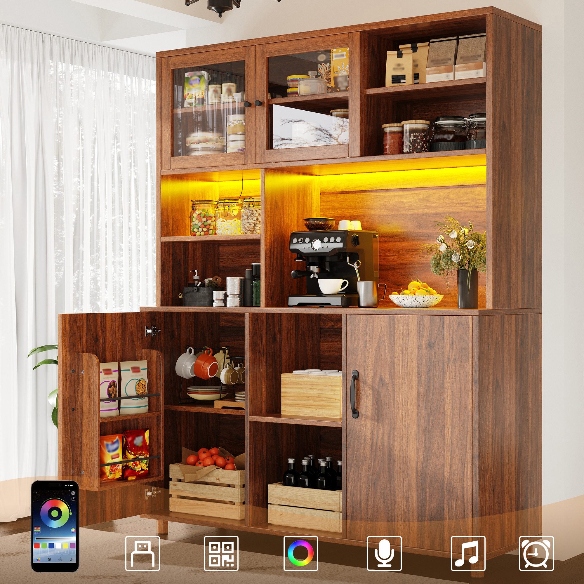 Flieks Küchenbuffet mit LED-Beleuchtung, Glas-Schiebetüren und Türregalen (1-St., B140/T40/H185 cm) Hochschrank Küchenschrank …